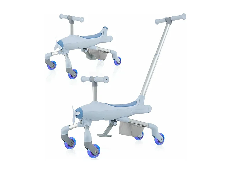 2 en 1 Tricycle Bébé Evolutif avec Putter, Draisienne Vélo Bébé avec Roues en PU & Lumières LED, Thème de l'Avion, Charge 50kg pour 18-72 Mois (Bleu)