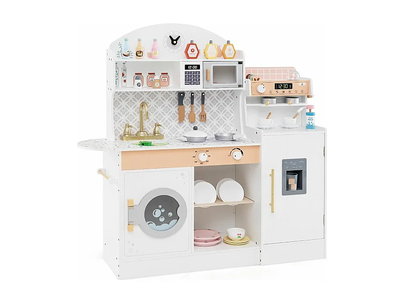 Cuisine Enfant en Bois avec Machine à Café & Machine à Glaçons, Jeu de Cuisine Enfant avec Micro-Ondes, 26 Accessoires & Espace de Rangement, pour 3 Ans+ (Blanc)