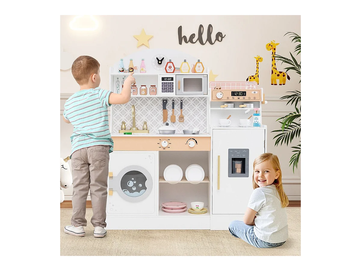 Cuisine Enfant en Bois avec Machine à Café & Machine à Glaçons, Jeu de Cuisine Enfant avec Micro-Ondes, 26 Accessoires & Espace de Rangement, pour 3 Ans+ (Blanc)