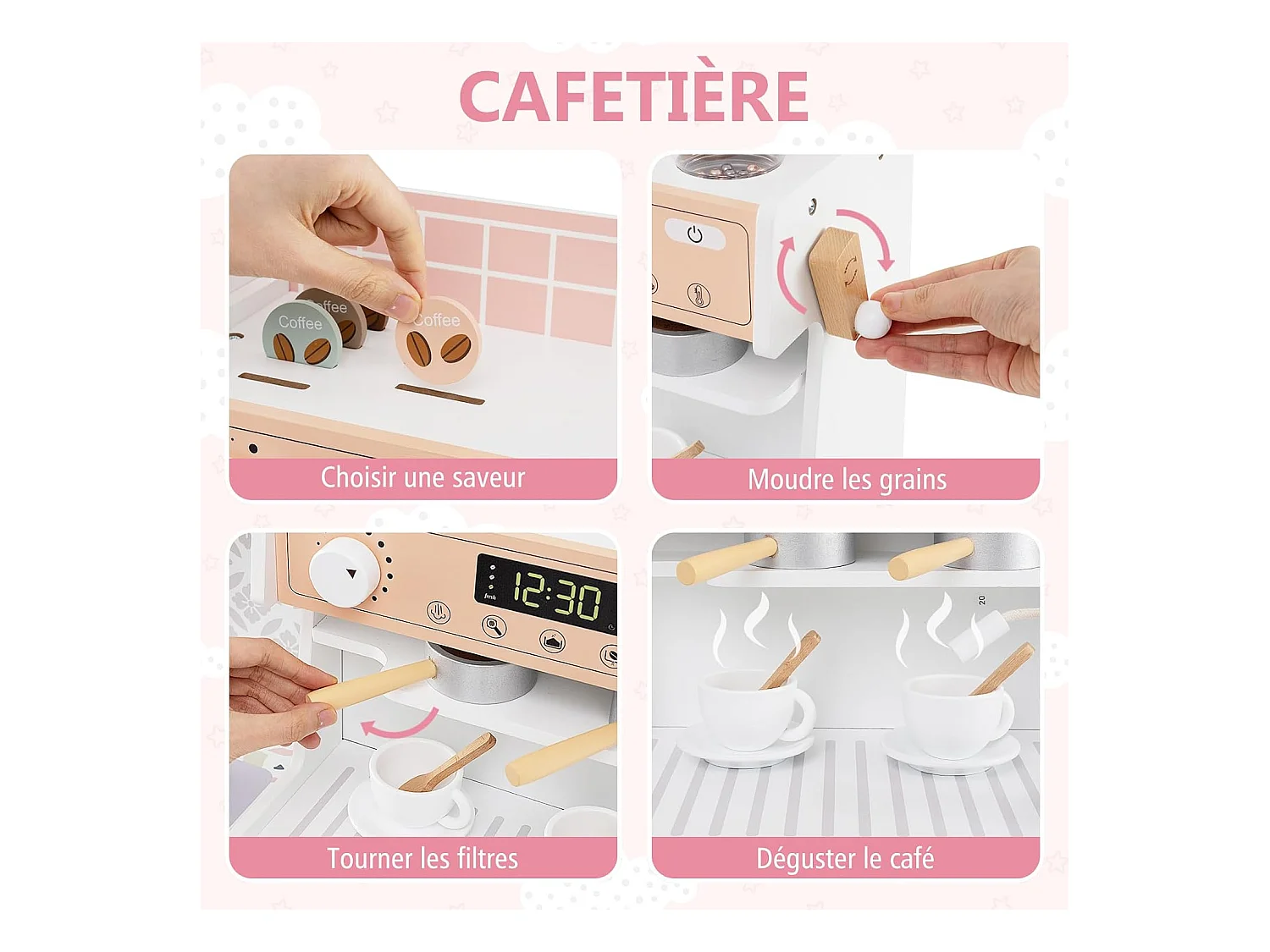 Cuisine Enfant en Bois avec Machine à Café & Machine à Glaçons, Jeu de Cuisine Enfant avec Micro-Ondes, 26 Accessoires & Espace de Rangement, pour 3 Ans+ (Blanc)