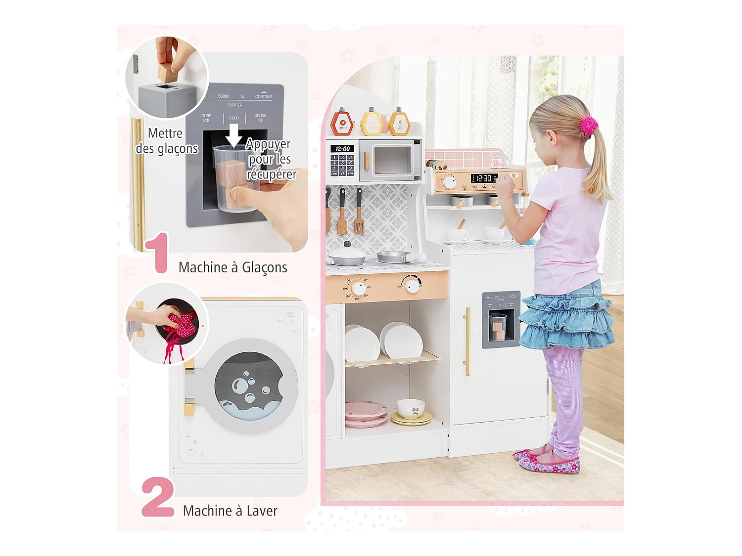 Cuisine Enfant en Bois avec Machine à Café & Machine à Glaçons, Jeu de Cuisine Enfant avec Micro-Ondes, 26 Accessoires & Espace de Rangement, pour 3 Ans+ (Blanc)