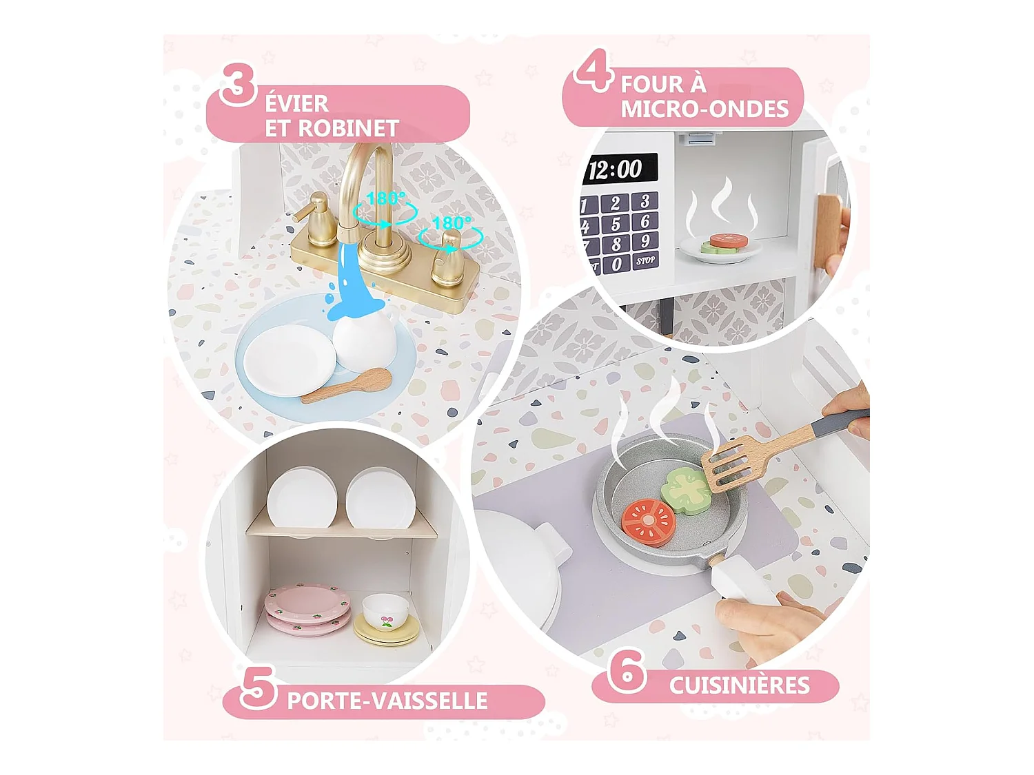 Cuisine Enfant en Bois avec Machine à Café & Machine à Glaçons, Jeu de Cuisine Enfant avec Micro-Ondes, 26 Accessoires & Espace de Rangement, pour 3 Ans+ (Blanc)