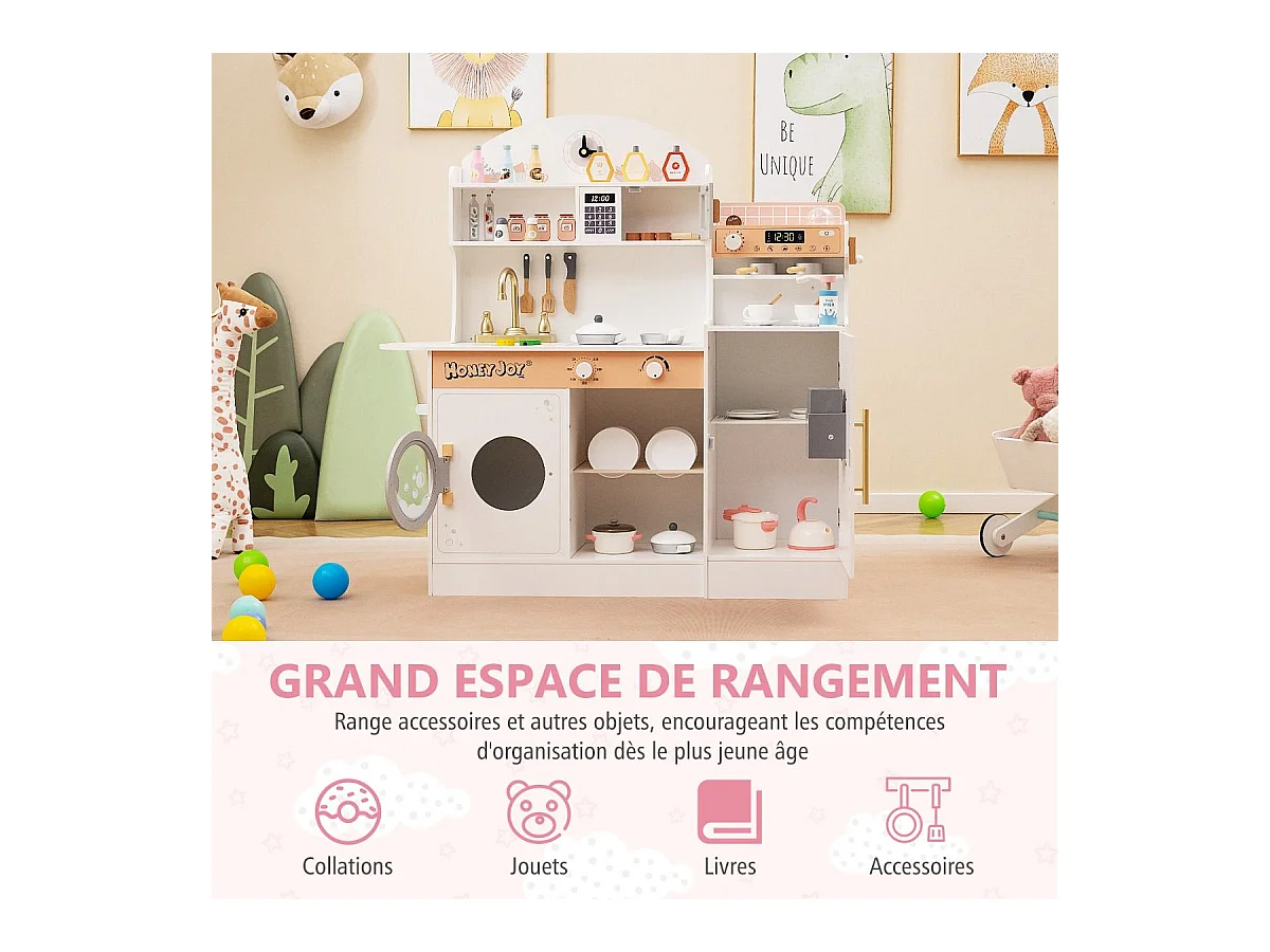 Cuisine Enfant en Bois avec Machine à Café & Machine à Glaçons, Jeu de Cuisine Enfant avec Micro-Ondes, 26 Accessoires & Espace de Rangement, pour 3 Ans+ (Blanc)