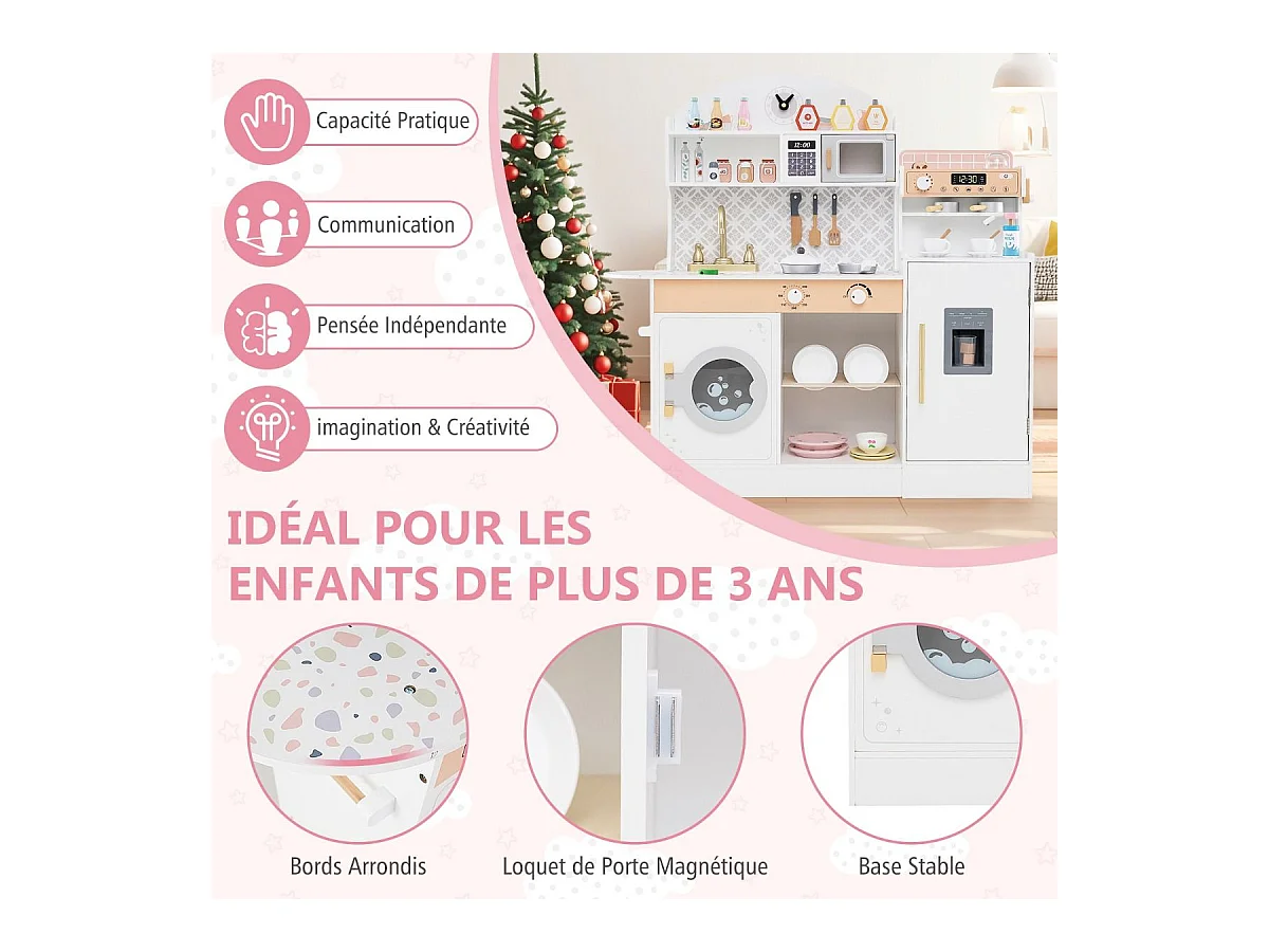 Cuisine Enfant en Bois avec Machine à Café & Machine à Glaçons, Jeu de Cuisine Enfant avec Micro-Ondes, 26 Accessoires & Espace de Rangement, pour 3 Ans+ (Blanc)