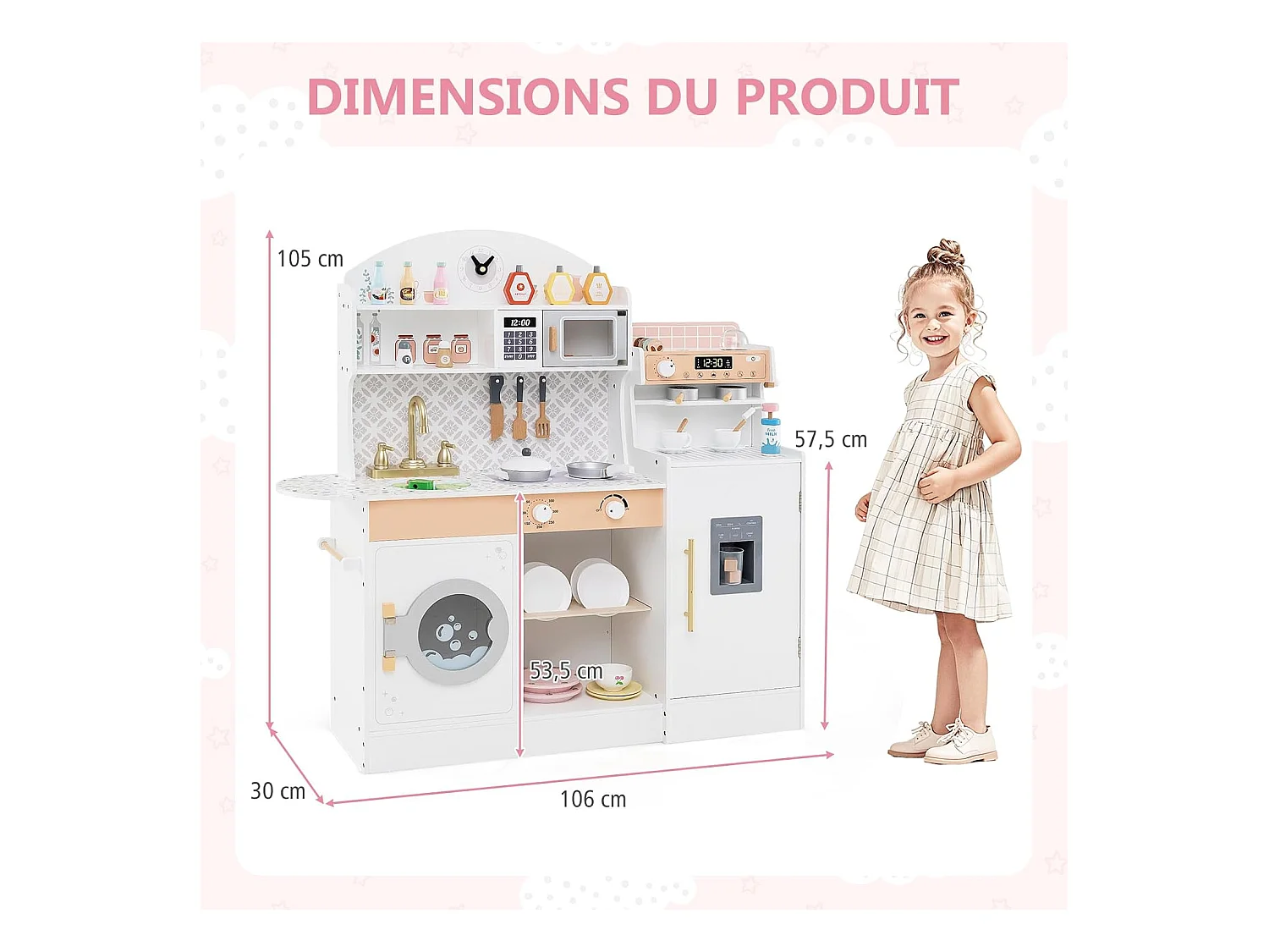 Cuisine Enfant en Bois avec Machine à Café & Machine à Glaçons, Jeu de Cuisine Enfant avec Micro-Ondes, 26 Accessoires & Espace de Rangement, pour 3 Ans+ (Blanc)