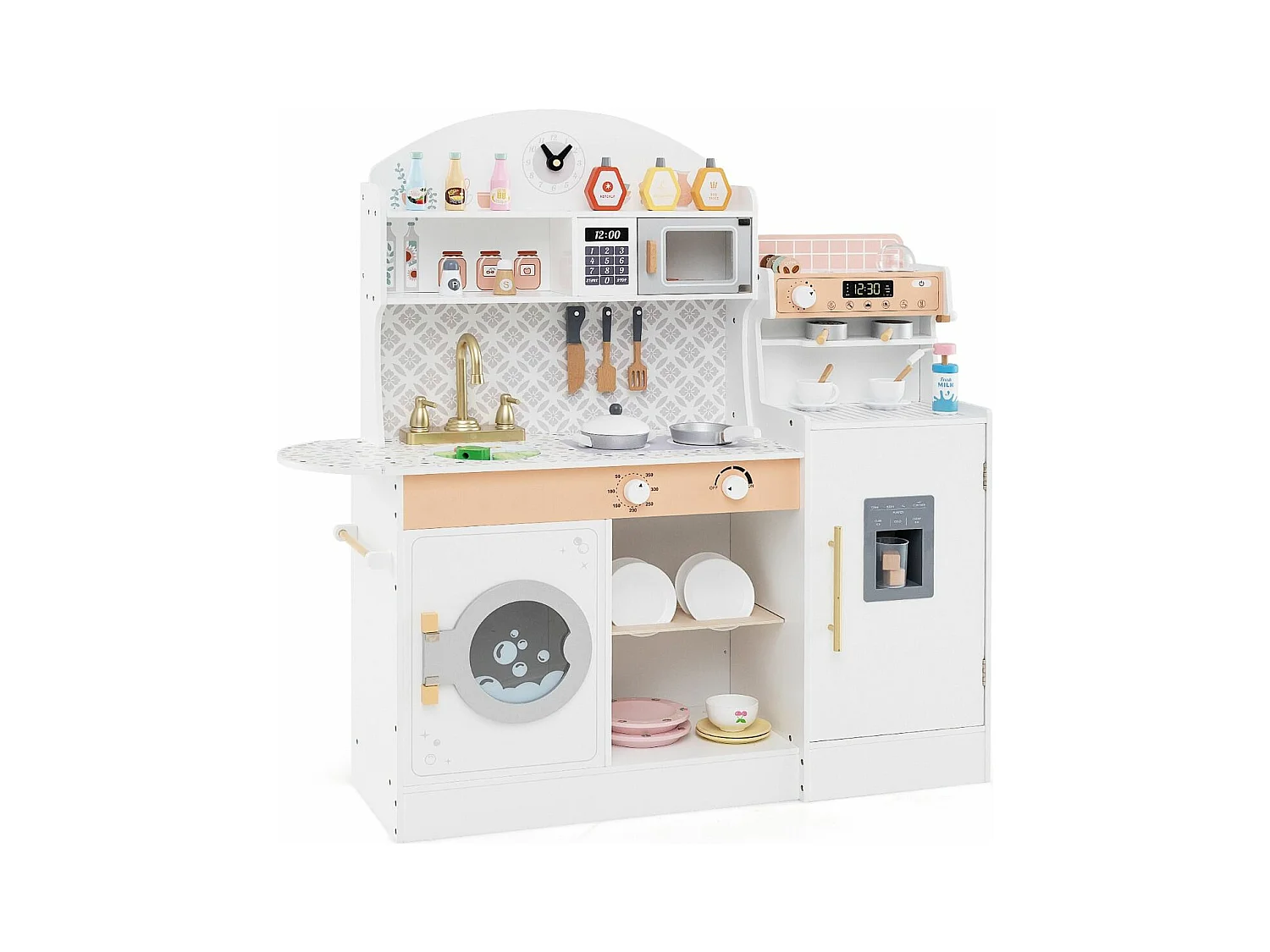 Houten kinderkeuken met koffiezetapparaat en ijsblokjesmachine, kinderkeukenspeelset met magnetron, 26 accessoires en opbergruimte, voor 3 jaar+ (wit)