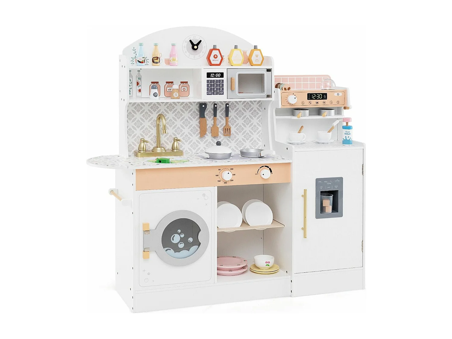 Cuisine Enfant en Bois avec Machine à Café & Machine à Glaçons, Jeu de Cuisine Enfant avec Micro-Ondes, 26 Accessoires & Espace de Rangement, pour 3 Ans+ (Blanc)