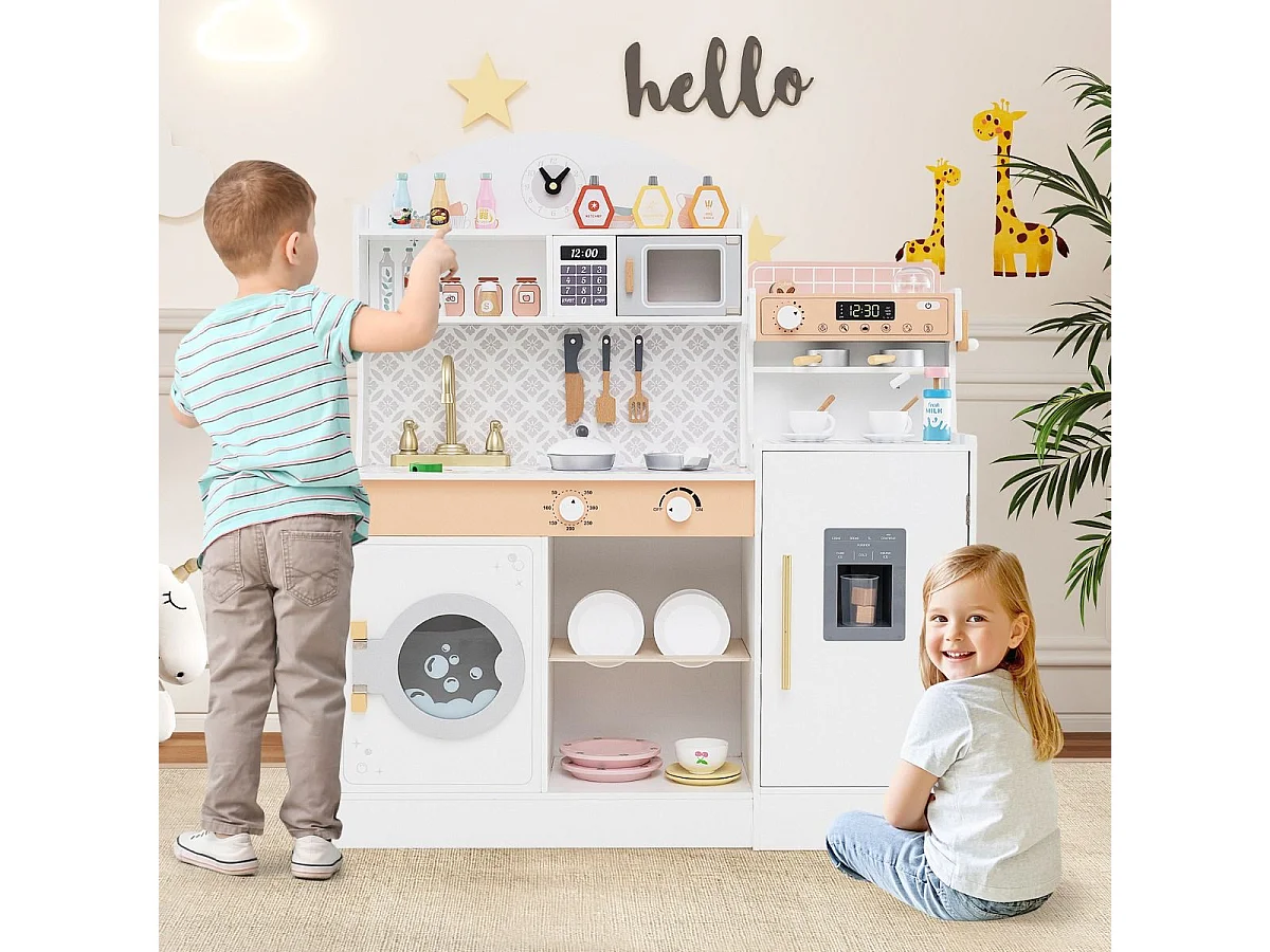Cuisine Enfant en Bois avec Machine à Café & Machine à Glaçons, Jeu de Cuisine Enfant avec Micro-Ondes, 26 Accessoires & Espace de Rangement, pour 3 Ans+ (Blanc)