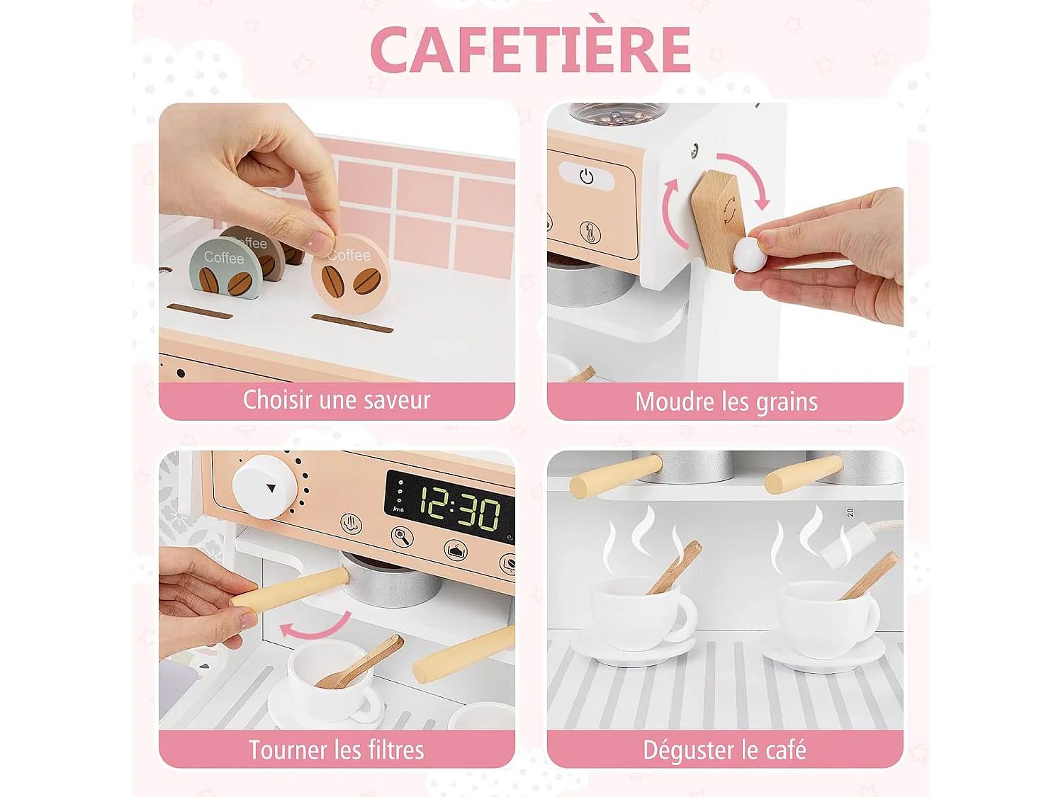 Cuisine Enfant en Bois avec Machine à Café & Machine à Glaçons, Jeu de Cuisine Enfant avec Micro-Ondes, 26 Accessoires & Espace de Rangement, pour 3 Ans+ (Blanc)