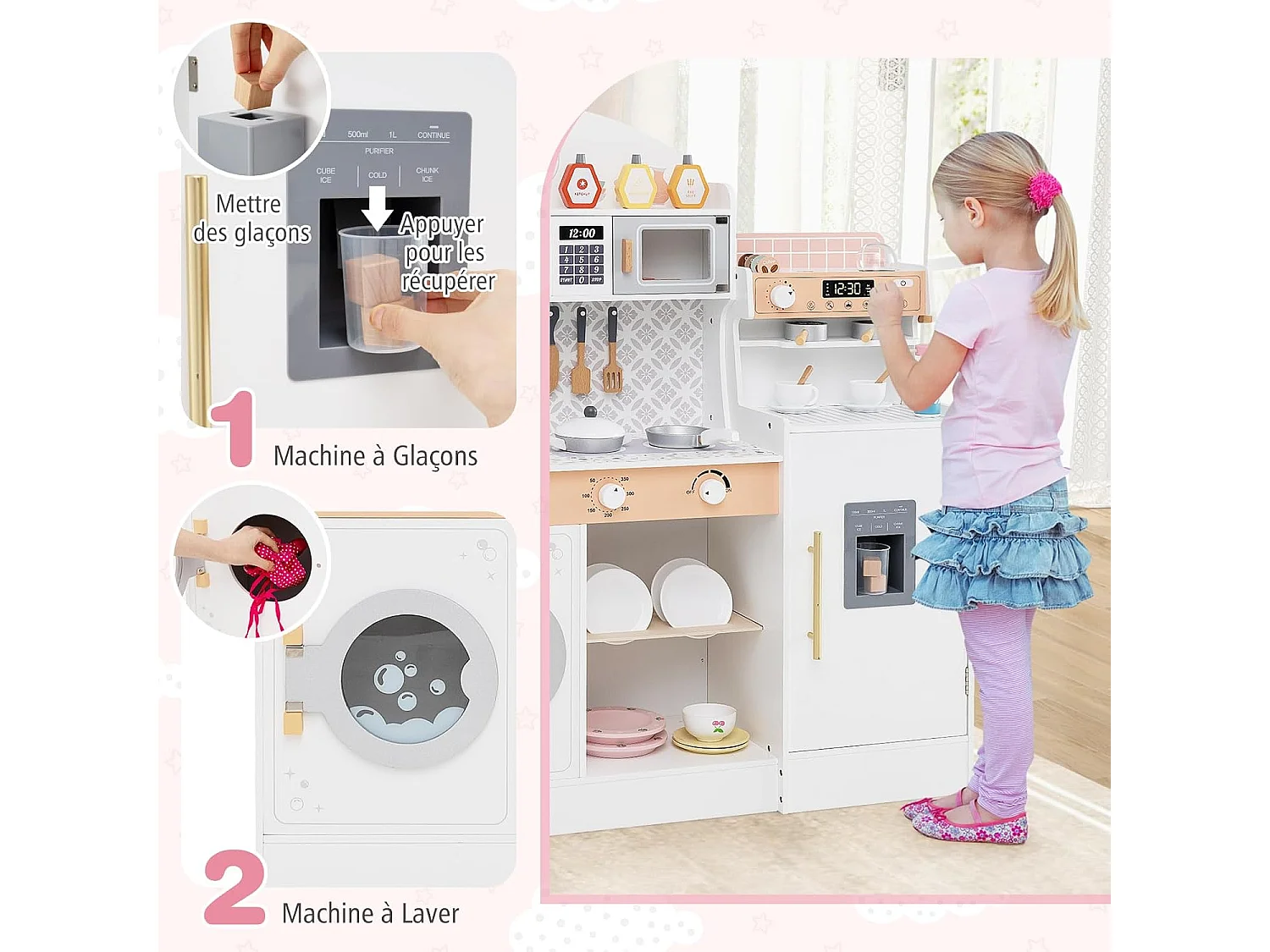 Cuisine Enfant en Bois avec Machine à Café & Machine à Glaçons, Jeu de Cuisine Enfant avec Micro-Ondes, 26 Accessoires & Espace de Rangement, pour 3 Ans+ (Blanc)