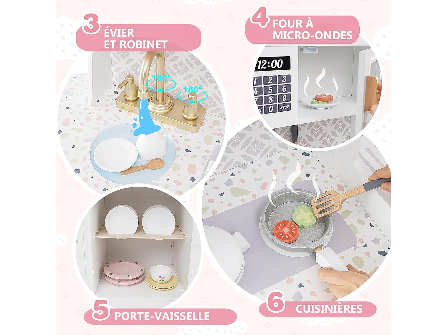 Cuisine Enfant en Bois avec Machine à Café & Machine à Glaçons, Jeu de Cuisine Enfant avec Micro-Ondes, 26 Accessoires & Espace de Rangement, pour 3 Ans+ (Blanc)