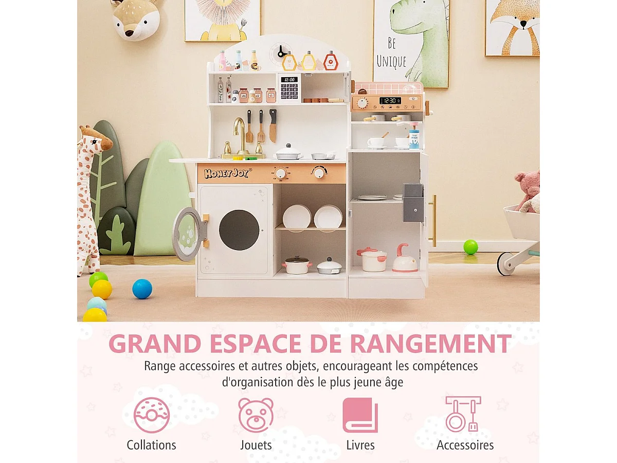 Cuisine Enfant en Bois avec Machine à Café & Machine à Glaçons, Jeu de Cuisine Enfant avec Micro-Ondes, 26 Accessoires & Espace de Rangement, pour 3 Ans+ (Blanc)