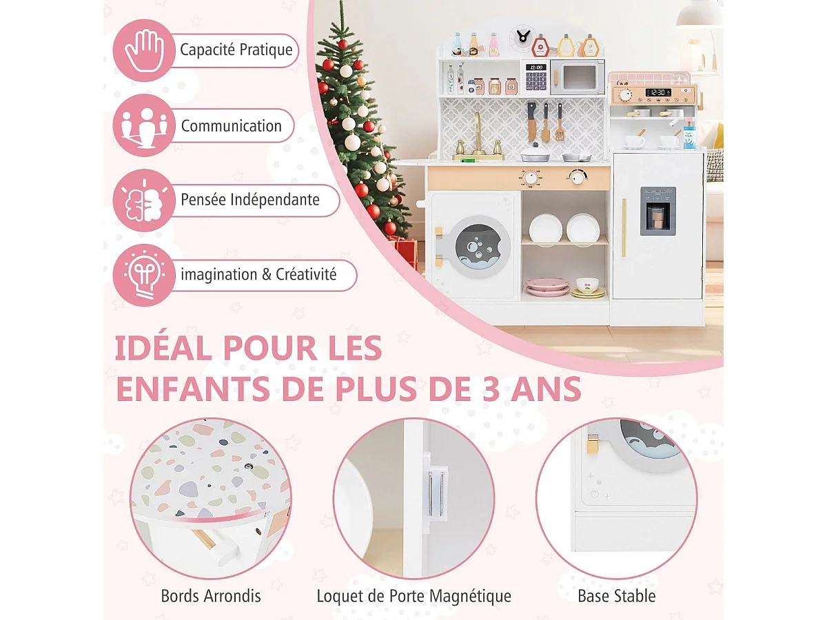 Cuisine Enfant en Bois avec Machine à Café & Machine à Glaçons, Jeu de Cuisine Enfant avec Micro-Ondes, 26 Accessoires & Espace de Rangement, pour 3 Ans+ (Blanc)