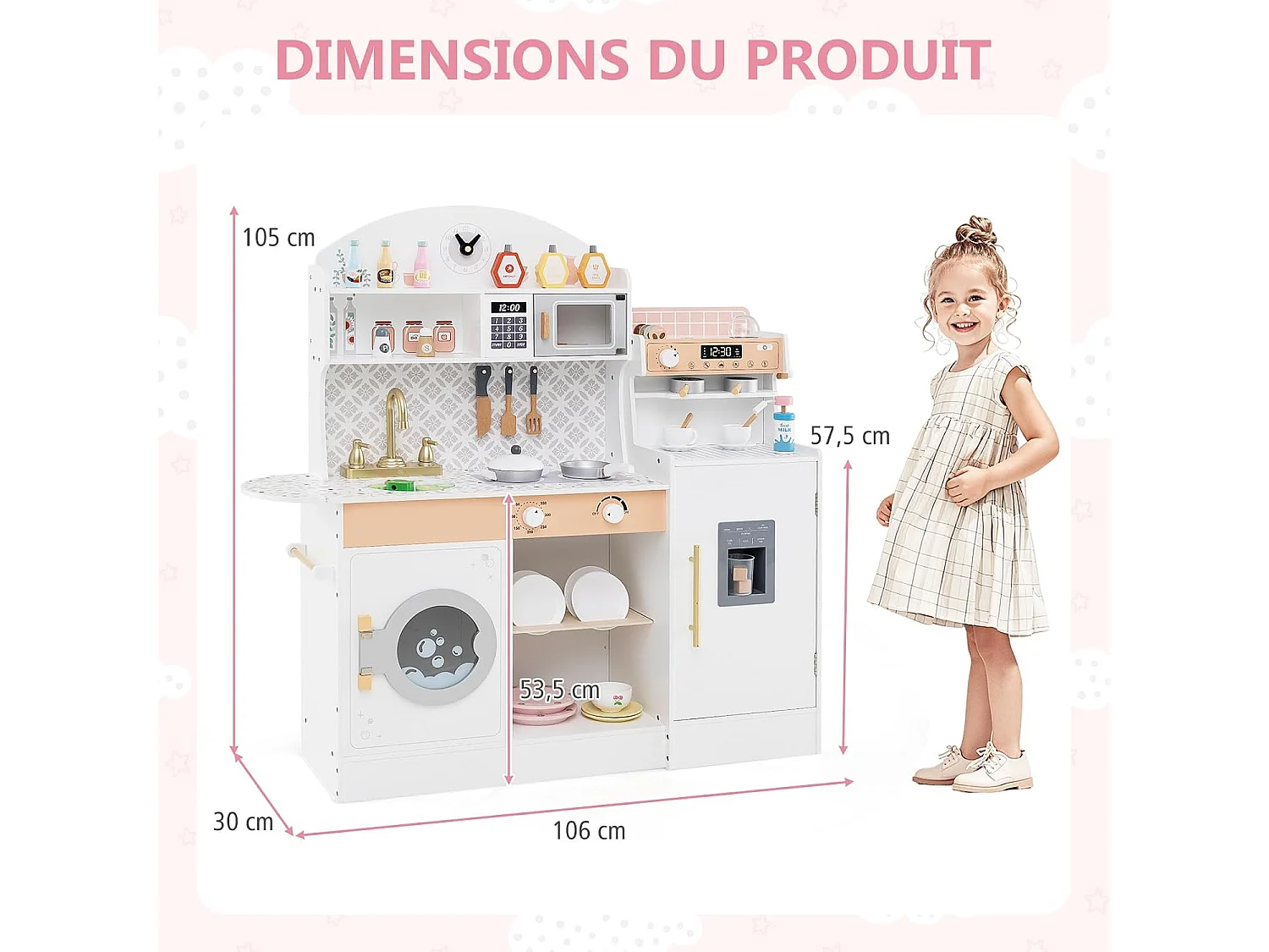 Cuisine Enfant en Bois avec Machine à Café & Machine à Glaçons, Jeu de Cuisine Enfant avec Micro-Ondes, 26 Accessoires & Espace de Rangement, pour 3 Ans+ (Blanc)