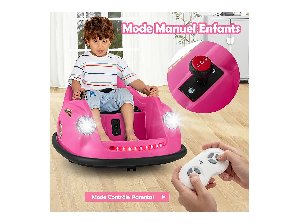 12V Auto Tamponneuse Électrique Enfants avec Télécommande, Voiture Tournante Bébé 360°avec Lumières LED & Musique, Démarrage Lent, Charge 20kg pour 2-5 Ans (Rose)