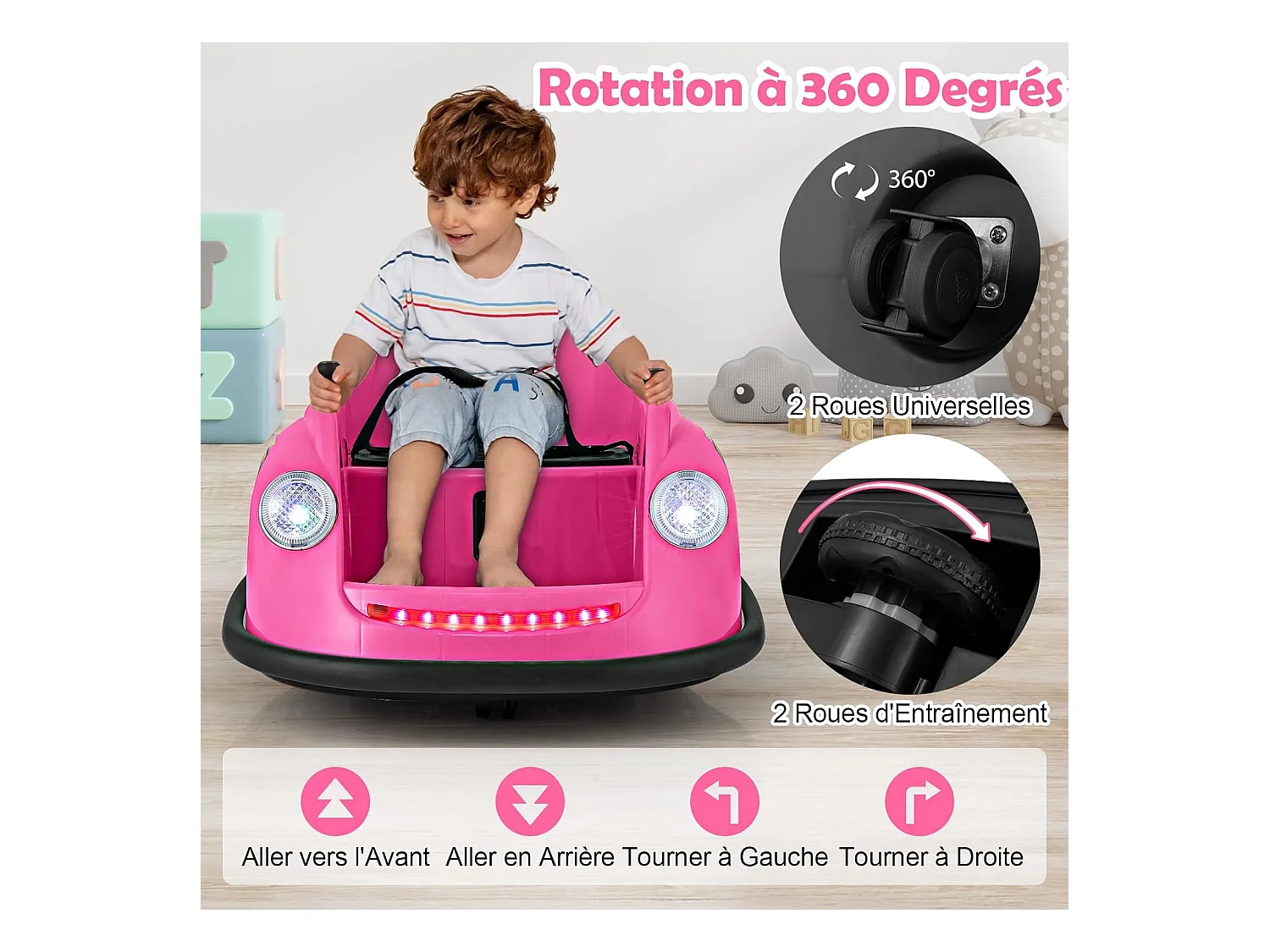12V Auto Tamponneuse Électrique Enfants avec Télécommande, Voiture Tournante Bébé 360°avec Lumières LED & Musique, Démarrage Lent, Charge 20kg pour 2-5 Ans (Rose)