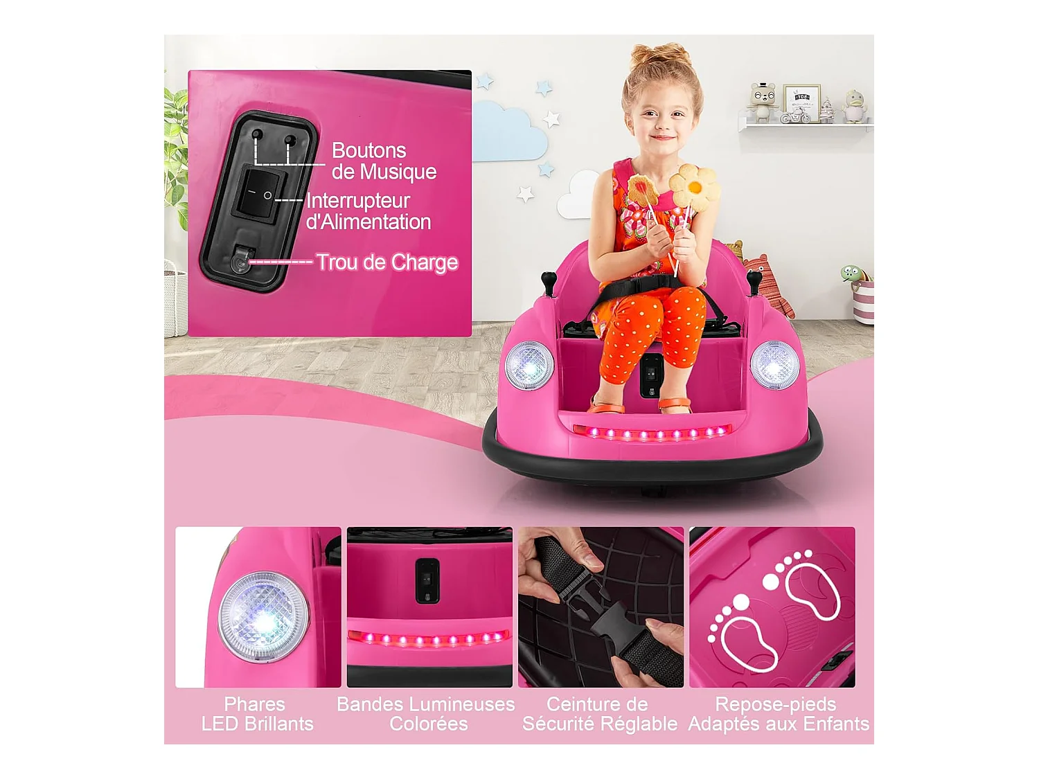 12V Auto Tamponneuse Électrique Enfants avec Télécommande, Voiture Tournante Bébé 360°avec Lumières LED & Musique, Démarrage Lent, Charge 20kg pour 2-5 Ans (Rose)