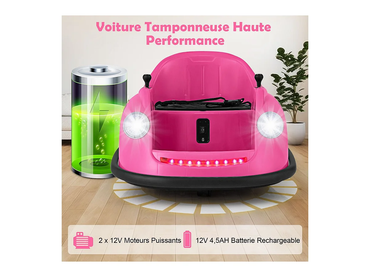 12V Auto Tamponneuse Électrique Enfants avec Télécommande, Voiture Tournante Bébé 360°avec Lumières LED & Musique, Démarrage Lent, Charge 20kg pour 2-5 Ans (Rose)