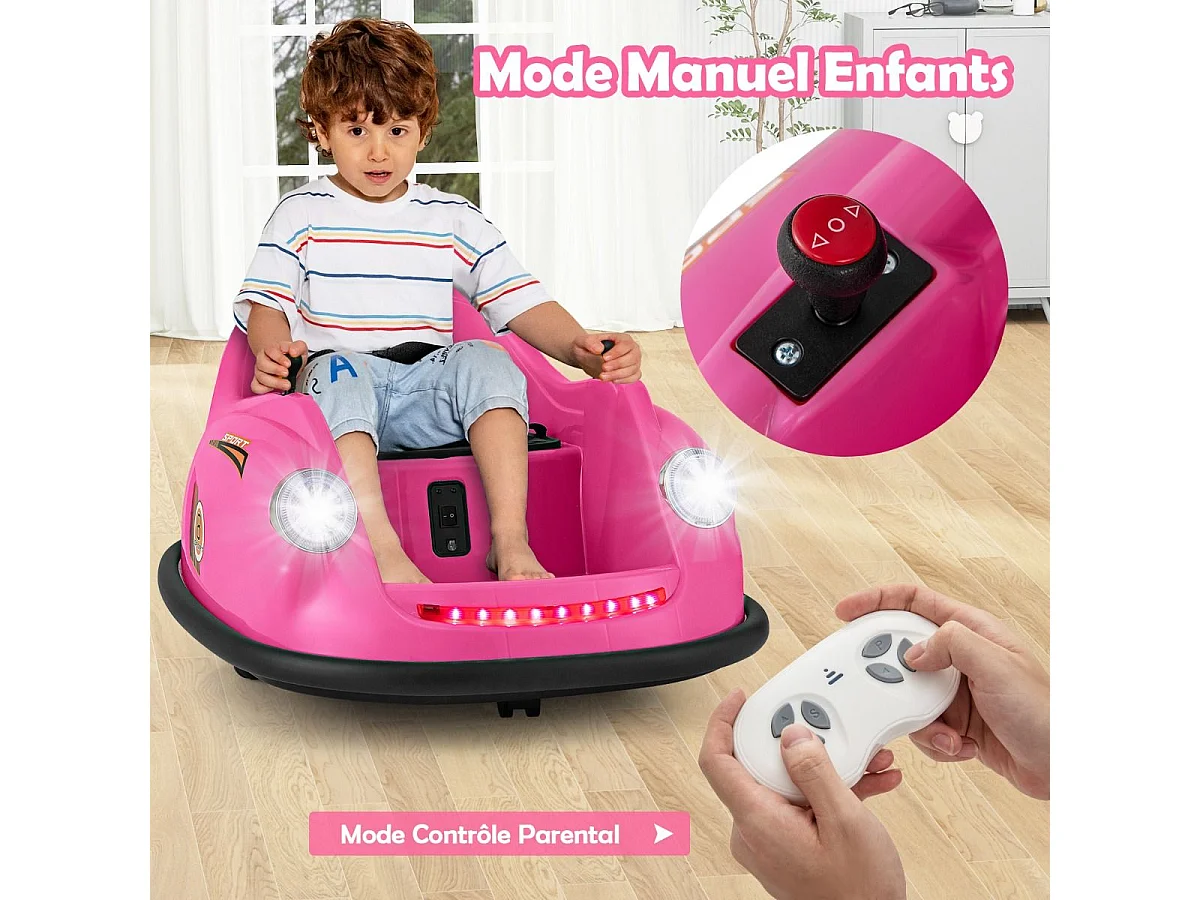 12V Auto Tamponneuse Électrique Enfants avec Télécommande, Voiture Tournante Bébé 360°avec Lumières LED & Musique, Démarrage Lent, Charge 20kg pour 2-5 Ans (Rose)