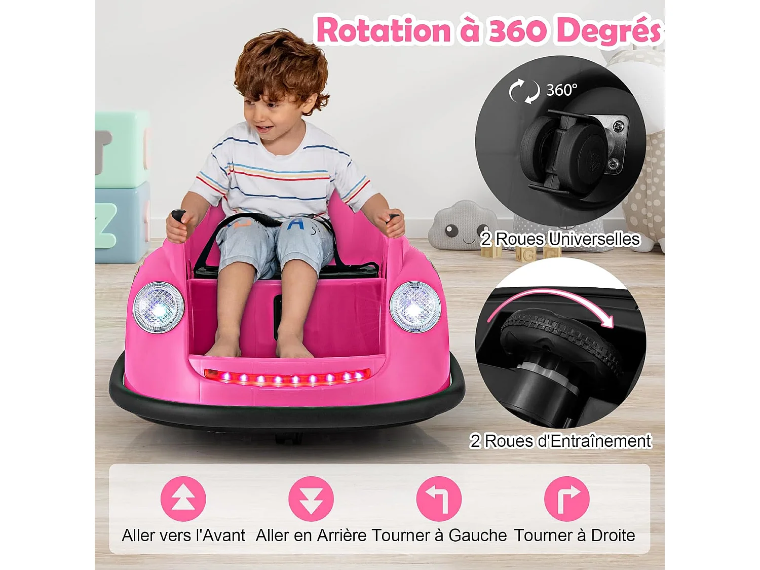 12V Auto Tamponneuse Électrique Enfants avec Télécommande, Voiture Tournante Bébé 360°avec Lumières LED & Musique, Démarrage Lent, Charge 20kg pour 2-5 Ans (Rose)
