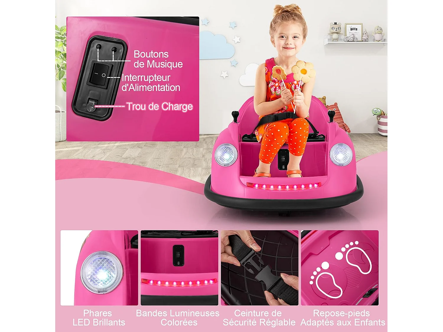12V Auto Tamponneuse Électrique Enfants avec Télécommande, Voiture Tournante Bébé 360°avec Lumières LED & Musique, Démarrage Lent, Charge 20kg pour 2-5 Ans (Rose)