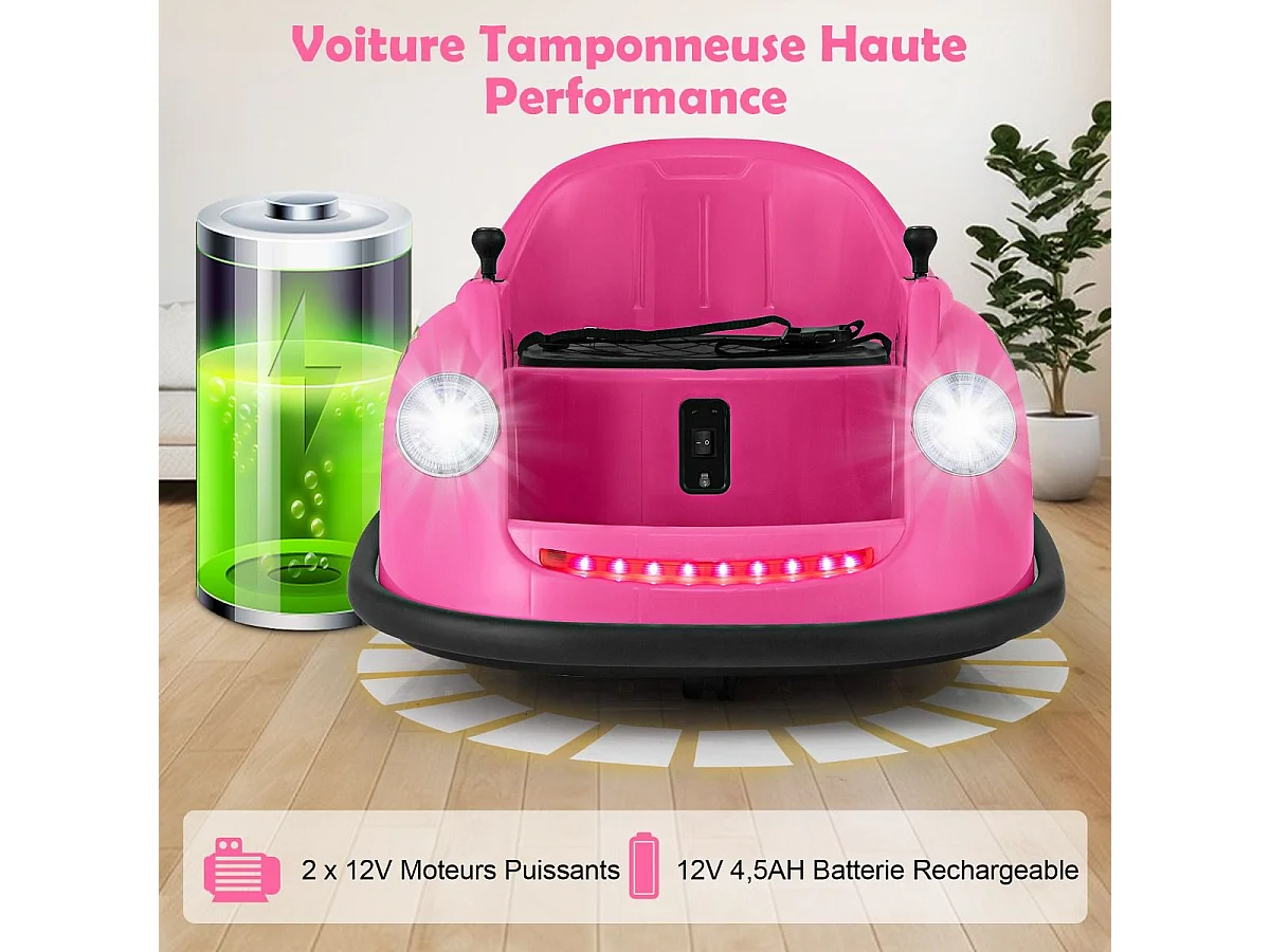 12V Auto Tamponneuse Électrique Enfants avec Télécommande, Voiture Tournante Bébé 360°avec Lumières LED & Musique, Démarrage Lent, Charge 20kg pour 2-5 Ans (Rose)