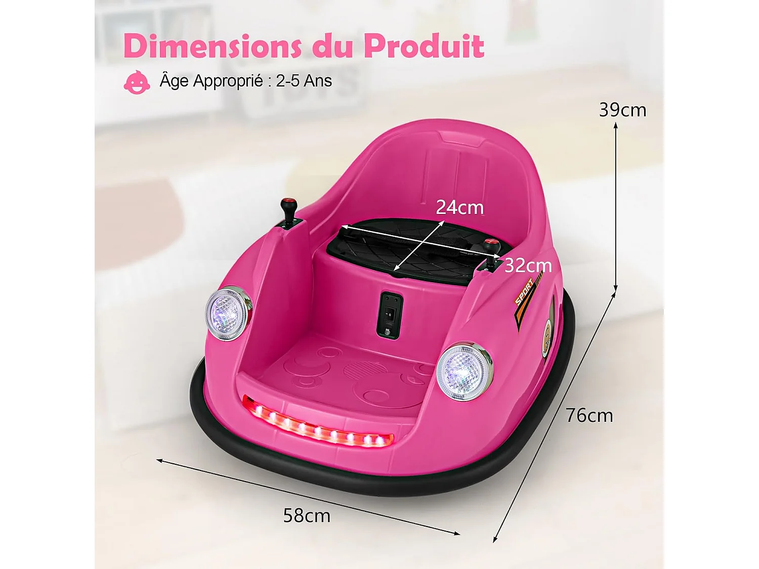 12V Auto Tamponneuse Électrique Enfants avec Télécommande, Voiture Tournante Bébé 360°avec Lumières LED & Musique, Démarrage Lent, Charge 20kg pour 2-5 Ans (Rose)