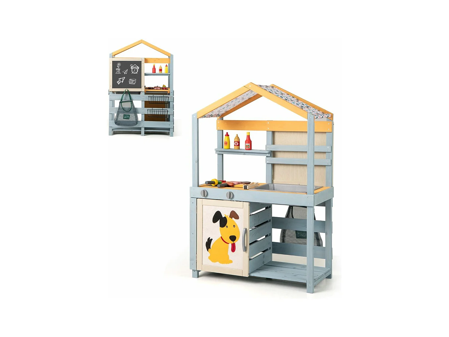 Cuisine Enfant Double Face avec Tableau Noir & 12 Accessoires, Jeu de Cuisine Enfant en Bois avec Auvent à Motif & BBQ & Évier Amovible, Épicerie pour 3 Ans+