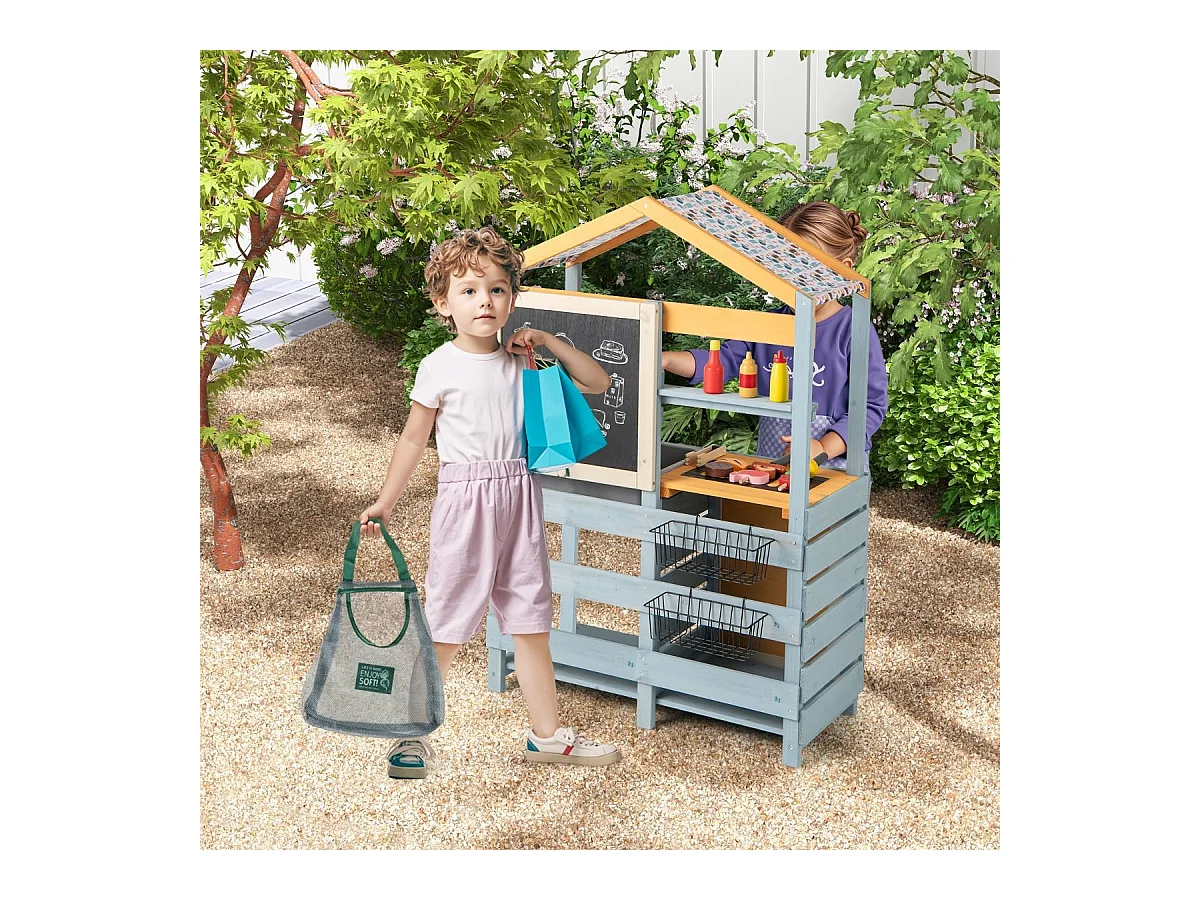 Cuisine Enfant Double Face avec Tableau Noir & 12 Accessoires, Jeu de Cuisine Enfant en Bois avec Auvent à Motif & BBQ & Évier Amovible, Épicerie pour 3 Ans+