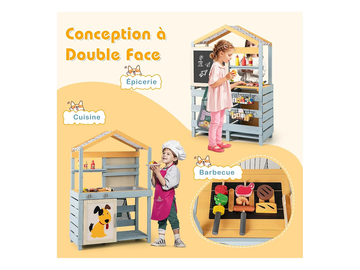 Cuisine Enfant Double Face avec Tableau Noir & 12 Accessoires, Jeu de Cuisine Enfant en Bois avec Auvent à Motif & BBQ & Évier Amovible, Épicerie pour 3 Ans+