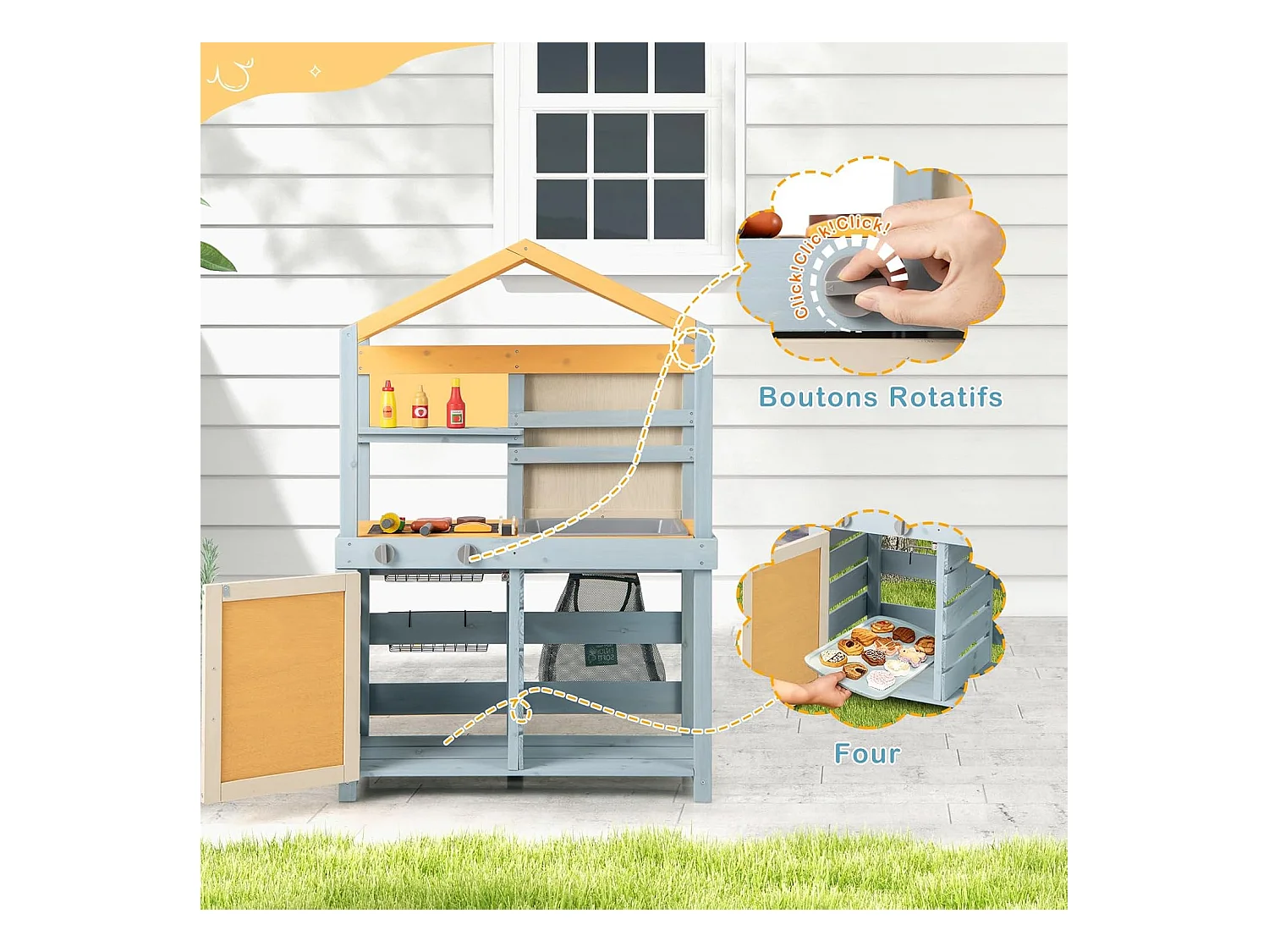 Cuisine Enfant Double Face avec Tableau Noir & 12 Accessoires, Jeu de Cuisine Enfant en Bois avec Auvent à Motif & BBQ & Évier Amovible, Épicerie pour 3 Ans+