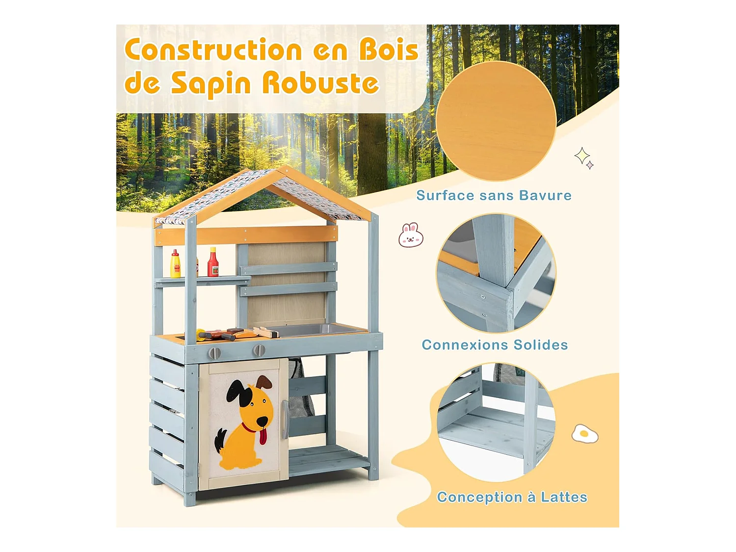 Cuisine Enfant Double Face avec Tableau Noir & 12 Accessoires, Jeu de Cuisine Enfant en Bois avec Auvent à Motif & BBQ & Évier Amovible, Épicerie pour 3 Ans+