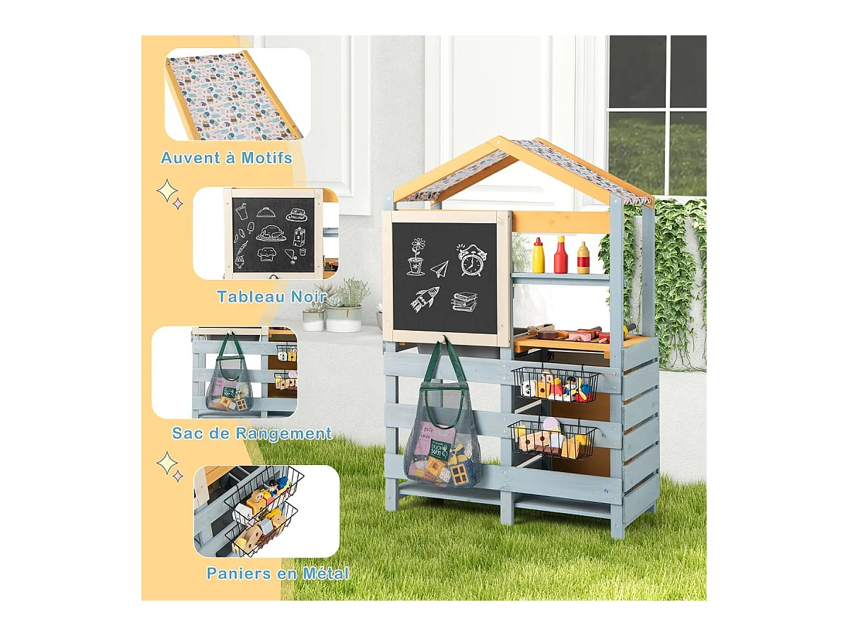 Cuisine Enfant Double Face avec Tableau Noir & 12 Accessoires, Jeu de Cuisine Enfant en Bois avec Auvent à Motif & BBQ & Évier Amovible, Épicerie pour 3 Ans+