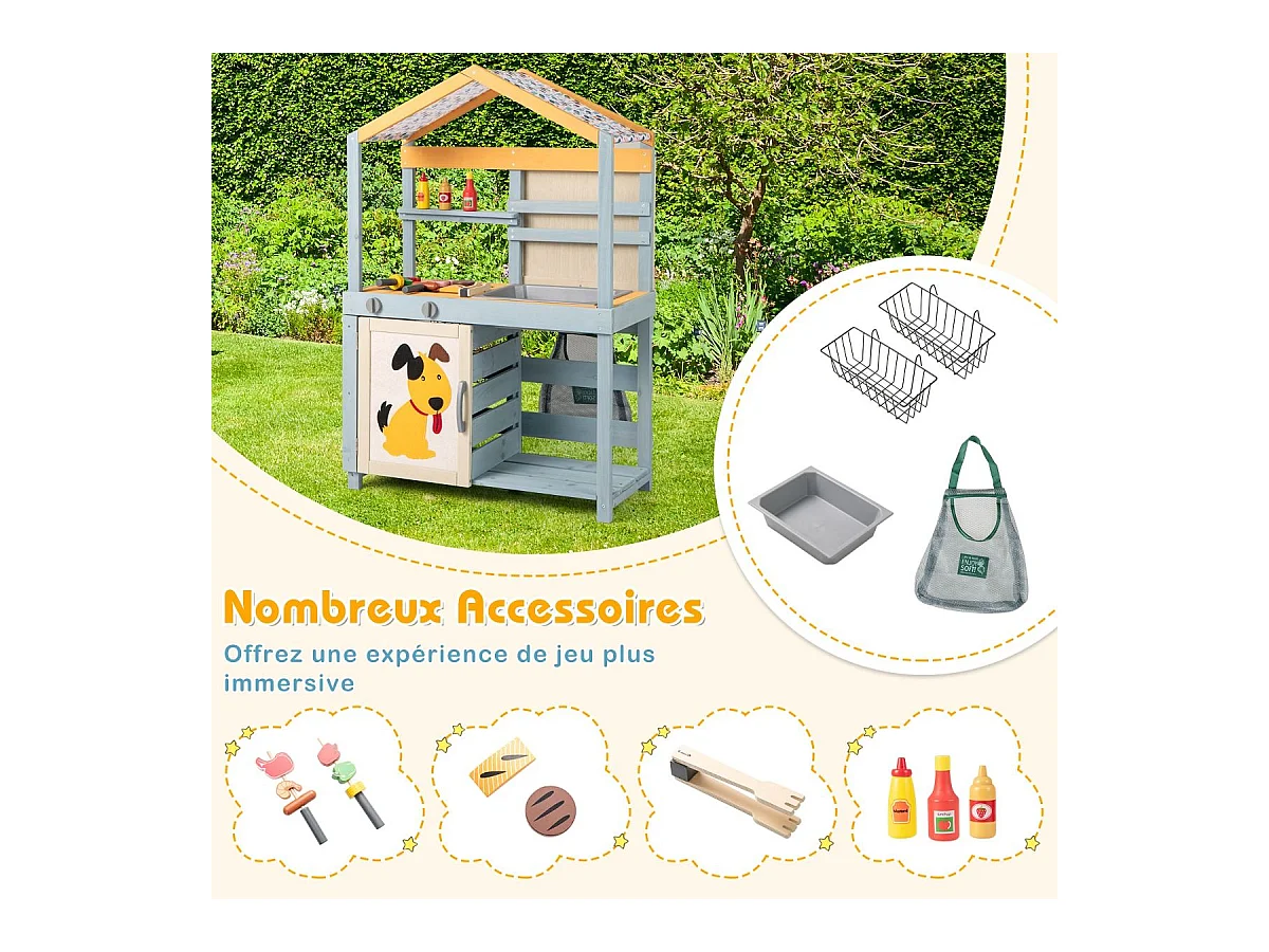 Cuisine Enfant Double Face avec Tableau Noir & 12 Accessoires, Jeu de Cuisine Enfant en Bois avec Auvent à Motif & BBQ & Évier Amovible, Épicerie pour 3 Ans+