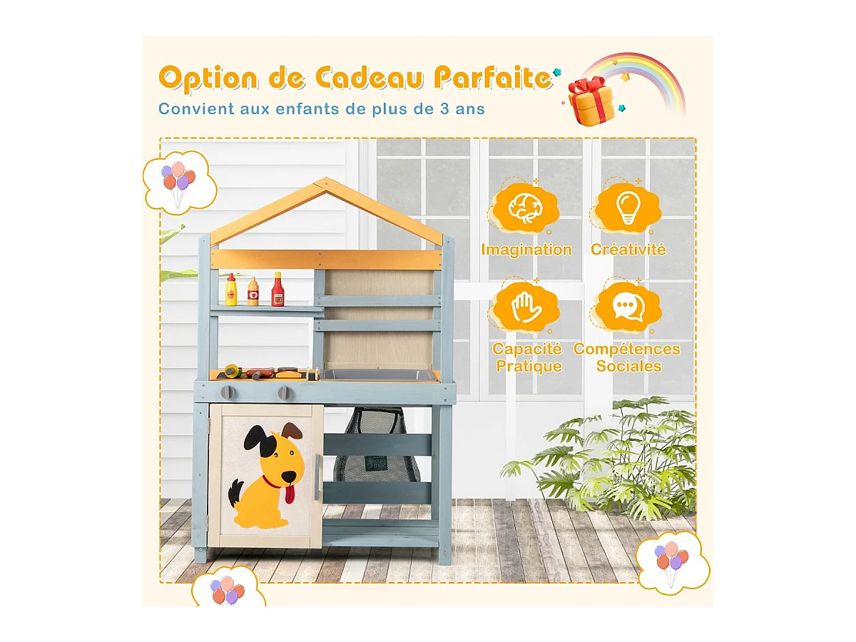 Cuisine Enfant Double Face avec Tableau Noir & 12 Accessoires, Jeu de Cuisine Enfant en Bois avec Auvent à Motif & BBQ & Évier Amovible, Épicerie pour 3 Ans+