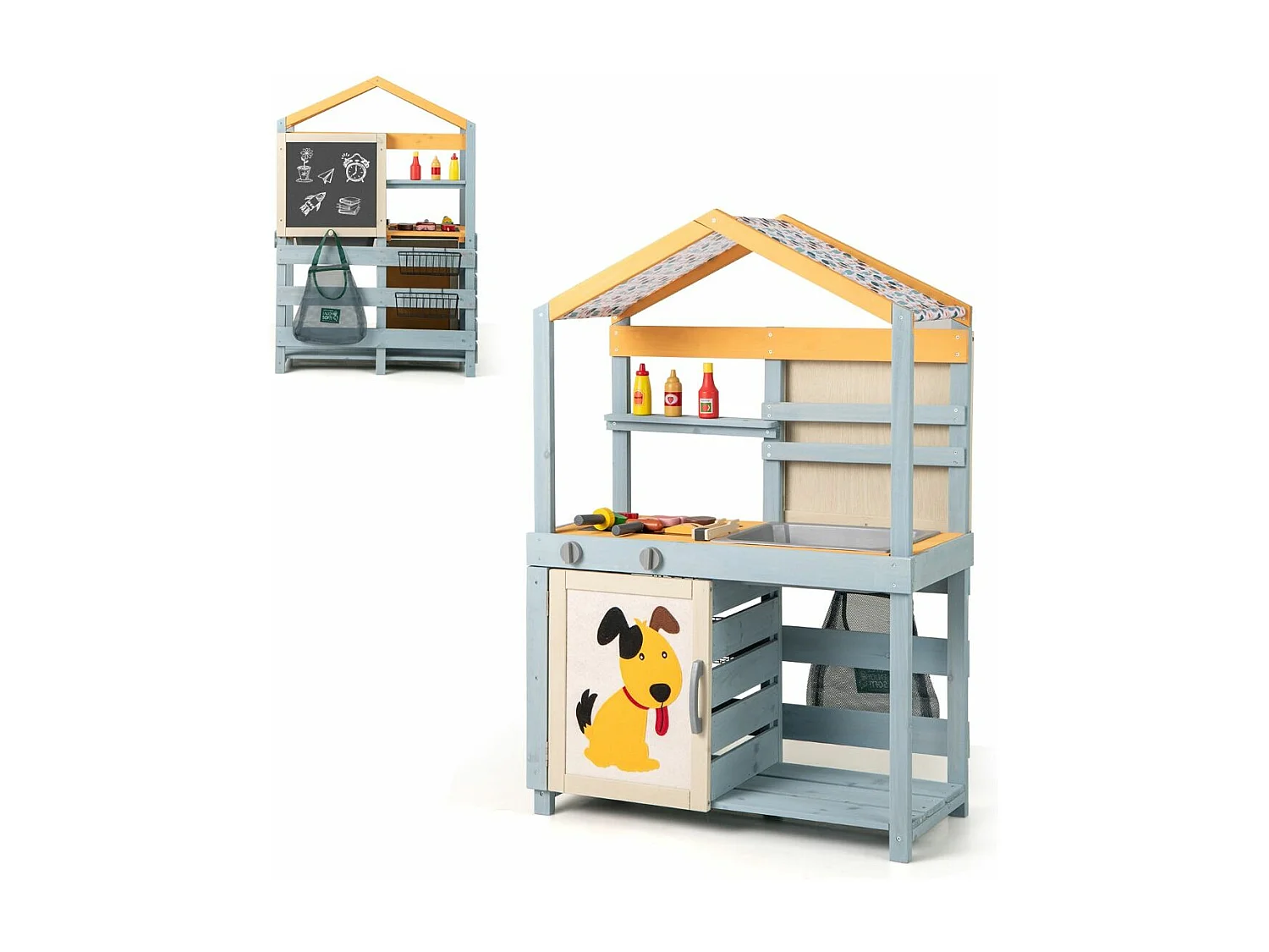 Cuisine Enfant Double Face avec Tableau Noir & 12 Accessoires, Jeu de Cuisine Enfant en Bois avec Auvent à Motif & BBQ & Évier Amovible, Épicerie pour 3 Ans+