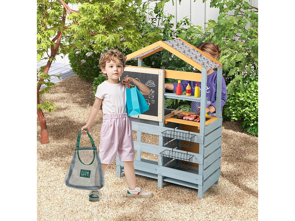 Cuisine Enfant Double Face avec Tableau Noir & 12 Accessoires, Jeu de Cuisine Enfant en Bois avec Auvent à Motif & BBQ & Évier Amovible, Épicerie pour 3 Ans+