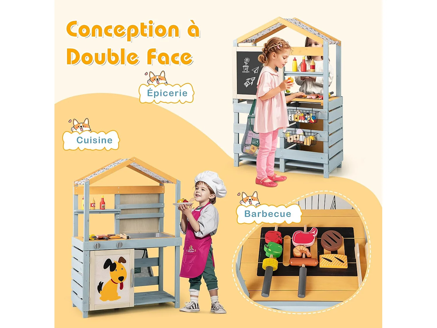 Cuisine Enfant Double Face avec Tableau Noir & 12 Accessoires, Jeu de Cuisine Enfant en Bois avec Auvent à Motif & BBQ & Évier Amovible, Épicerie pour 3 Ans+