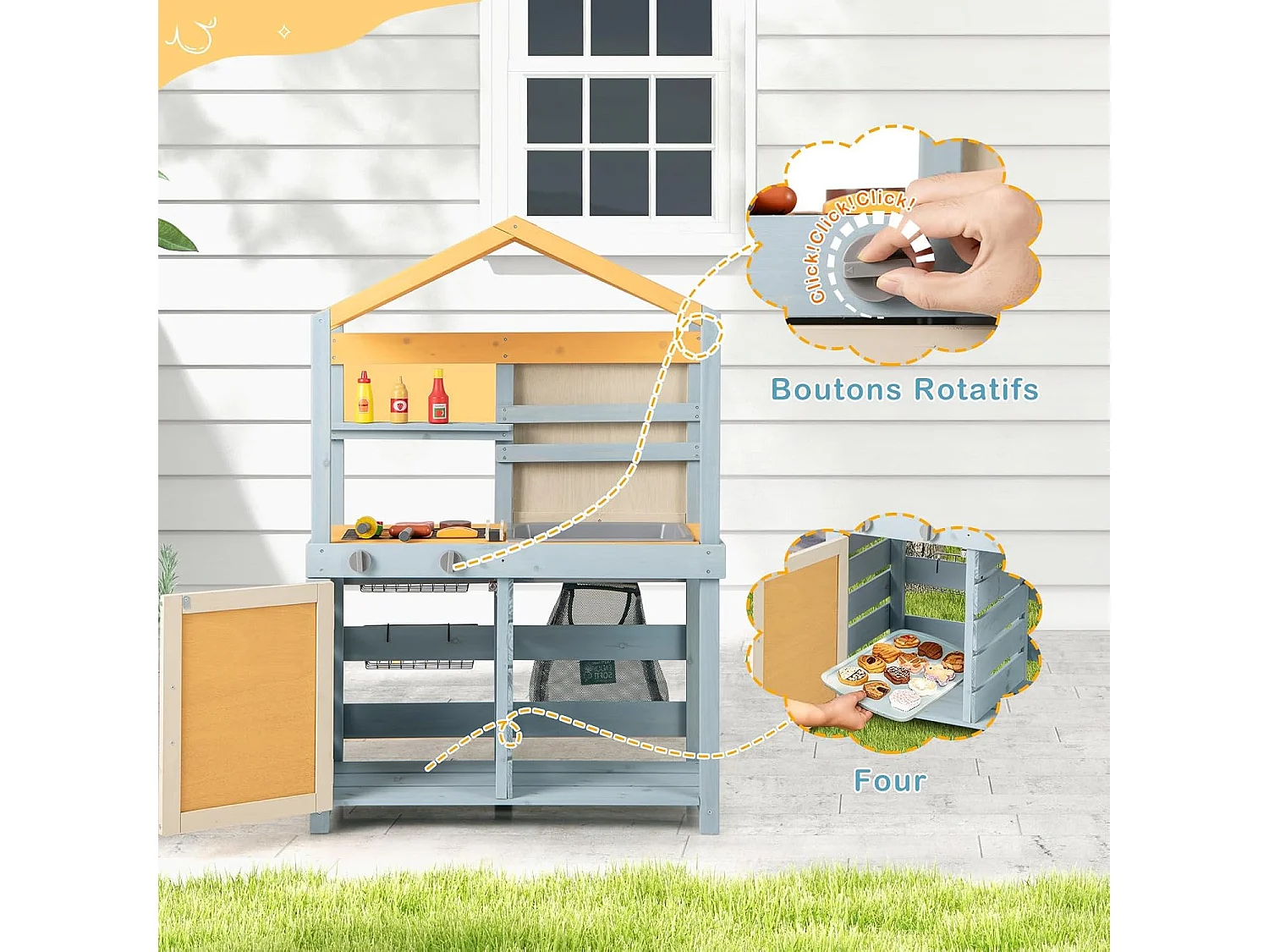Cuisine Enfant Double Face avec Tableau Noir & 12 Accessoires, Jeu de Cuisine Enfant en Bois avec Auvent à Motif & BBQ & Évier Amovible, Épicerie pour 3 Ans+