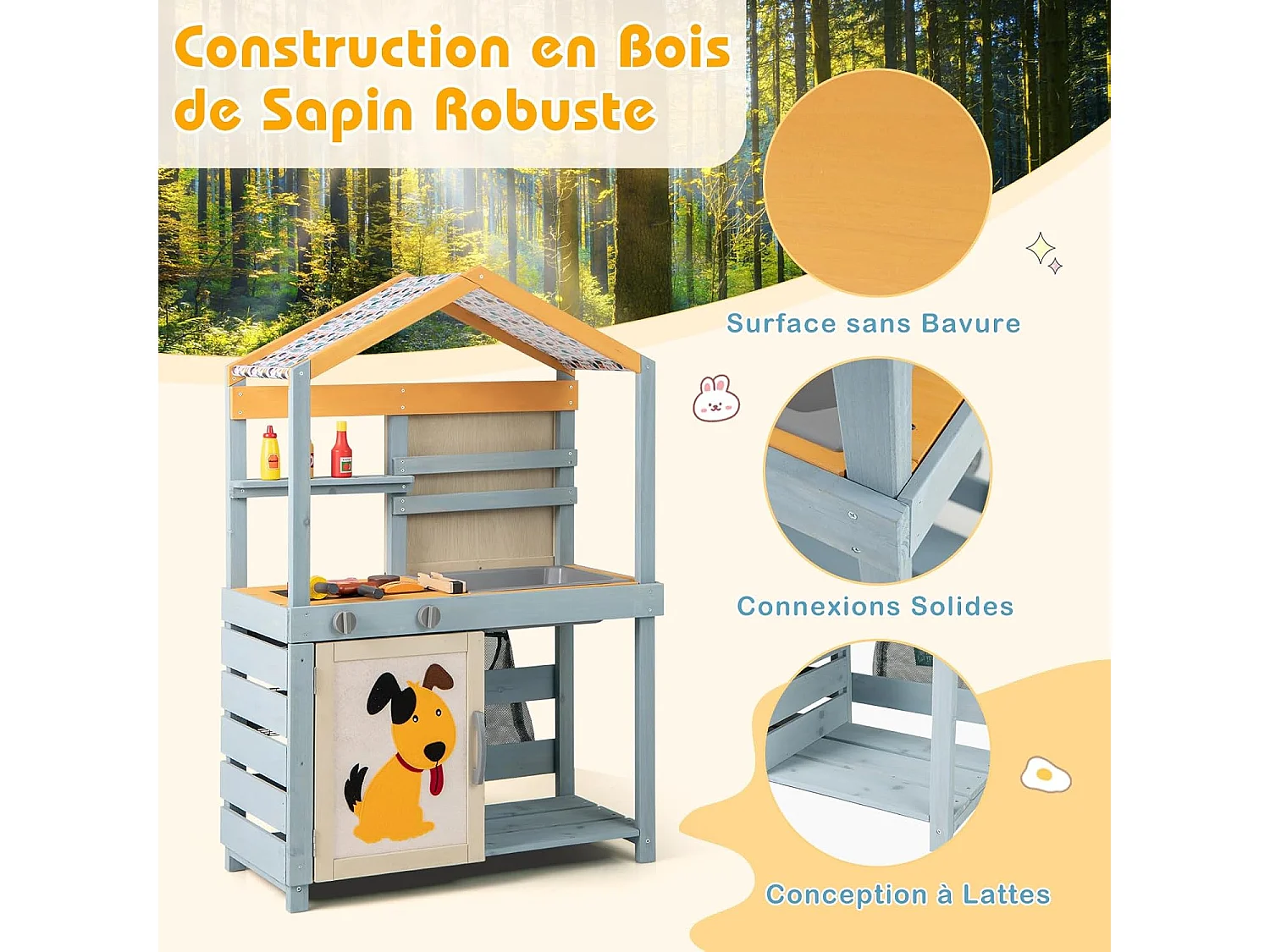 Cuisine Enfant Double Face avec Tableau Noir & 12 Accessoires, Jeu de Cuisine Enfant en Bois avec Auvent à Motif & BBQ & Évier Amovible, Épicerie pour 3 Ans+