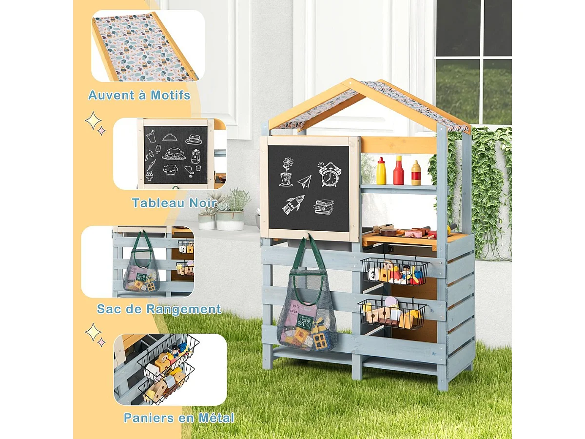 Cuisine Enfant Double Face avec Tableau Noir & 12 Accessoires, Jeu de Cuisine Enfant en Bois avec Auvent à Motif & BBQ & Évier Amovible, Épicerie pour 3 Ans+