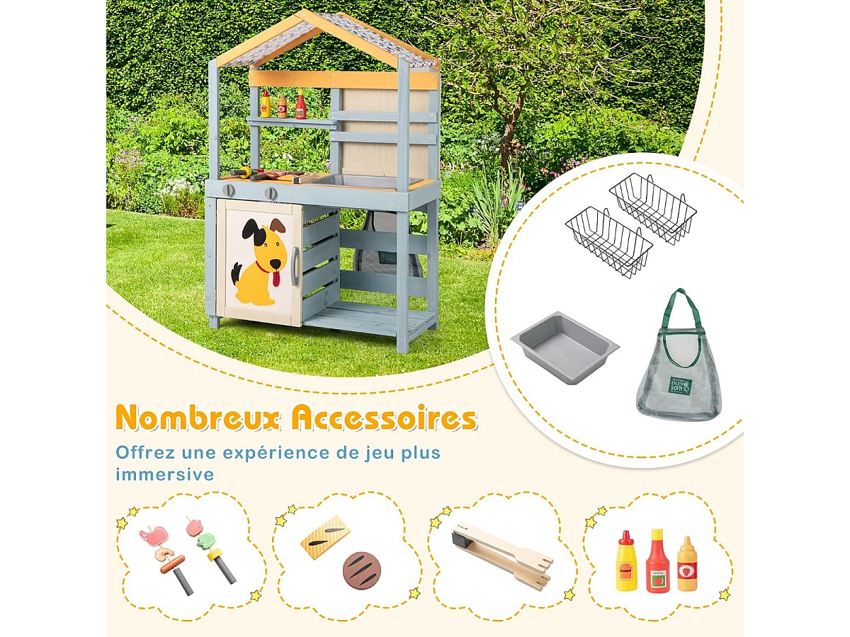 Cuisine Enfant Double Face avec Tableau Noir & 12 Accessoires, Jeu de Cuisine Enfant en Bois avec Auvent à Motif & BBQ & Évier Amovible, Épicerie pour 3 Ans+
