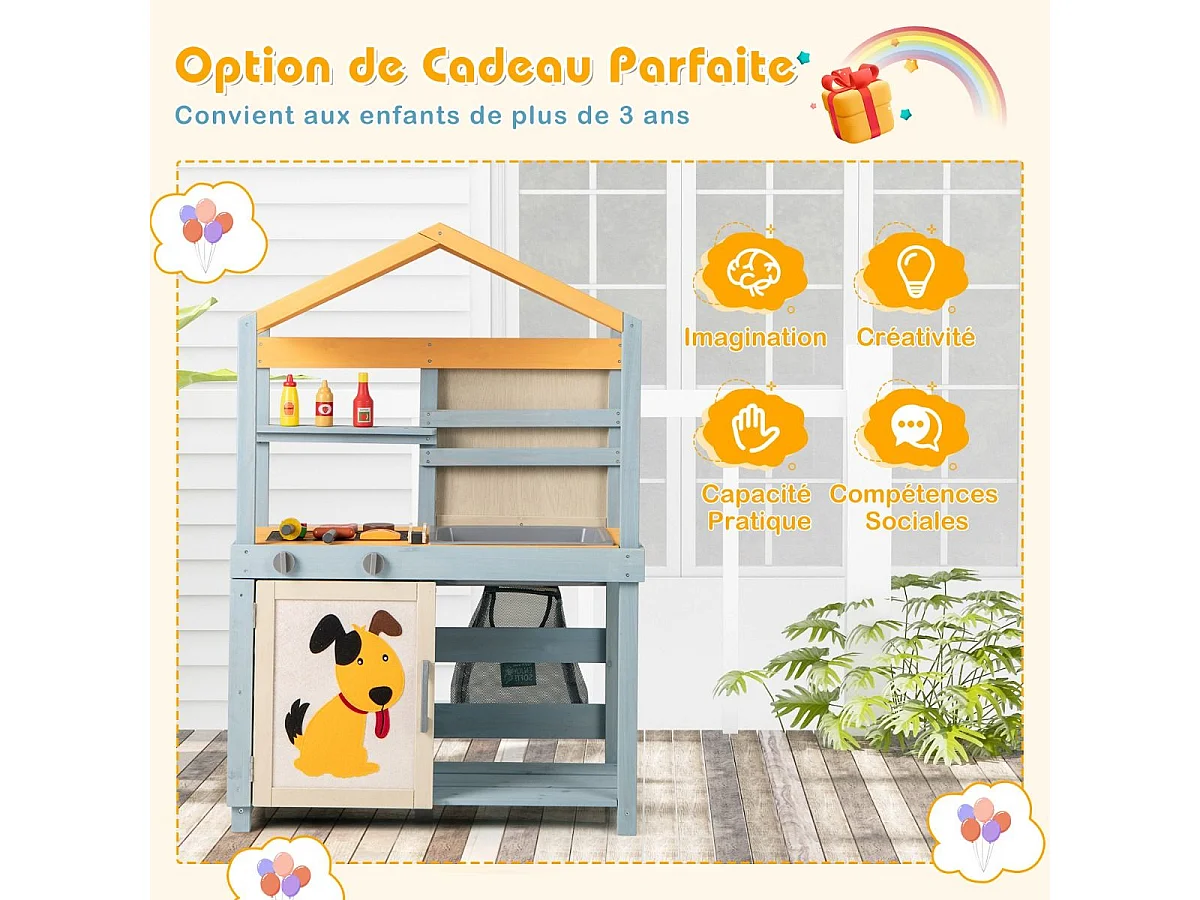 Cuisine Enfant Double Face avec Tableau Noir & 12 Accessoires, Jeu de Cuisine Enfant en Bois avec Auvent à Motif & BBQ & Évier Amovible, Épicerie pour 3 Ans+