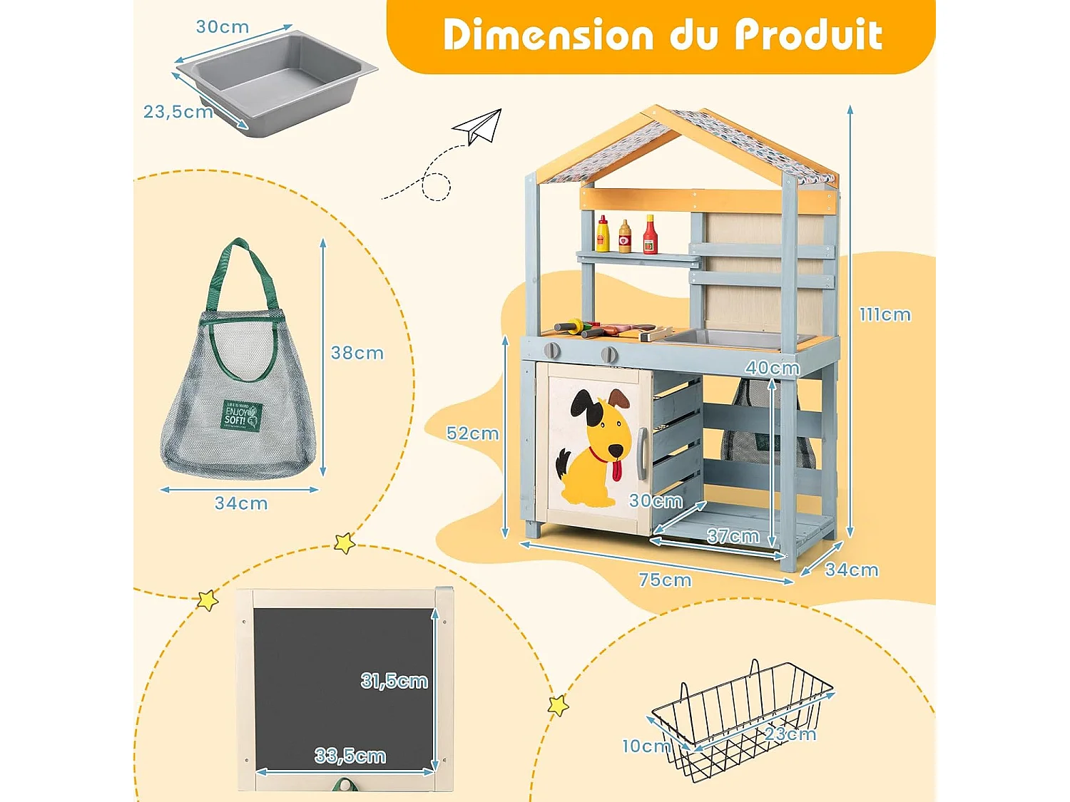 Cuisine Enfant Double Face avec Tableau Noir & 12 Accessoires, Jeu de Cuisine Enfant en Bois avec Auvent à Motif & BBQ & Évier Amovible, Épicerie pour 3 Ans+