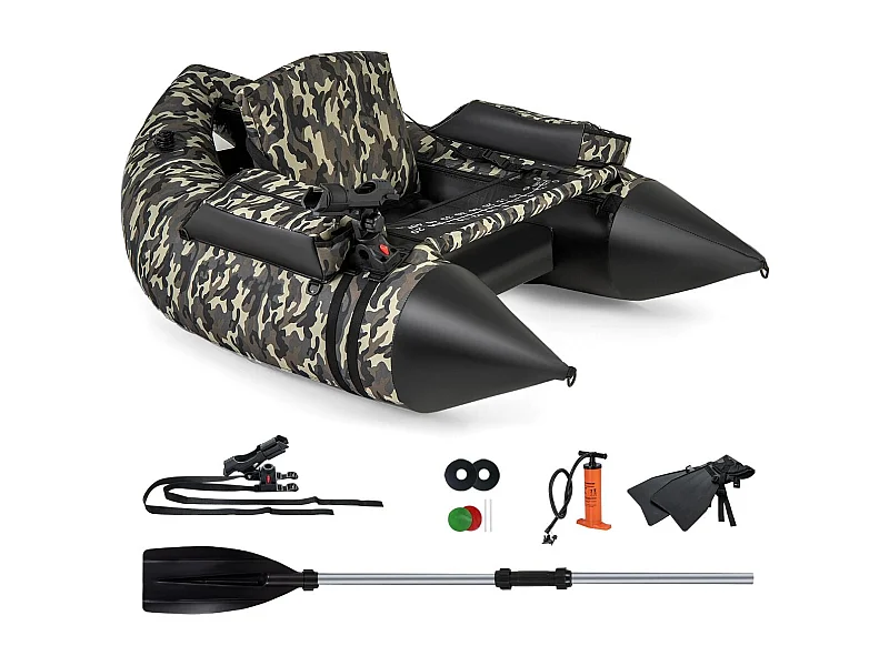 Opblaasbare visboot met rugleuning, peddel, opblaasbare boot met visliniaal, vinopslag, pomp, rugzakriemen, draagvermogen 150 kg, camouflage