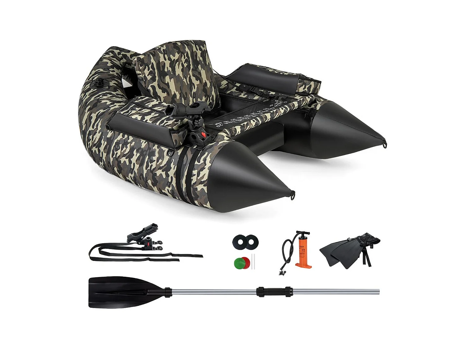 Bateau de Pêche Gonflable avec Dossier Pagaie, Bateau Gonflable avec Règle à Poisson, Rangement Palmes Pompe Sangles de Sac à Dos, Charge 150 KG, Camouflage