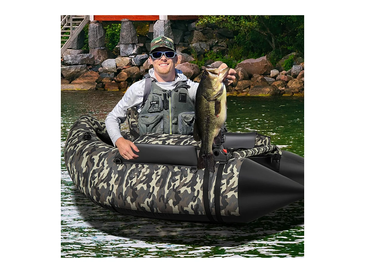 Bateau de Pêche Gonflable avec Dossier Pagaie, Bateau Gonflable avec Règle à Poisson, Rangement Palmes Pompe Sangles de Sac à Dos, Charge 150 KG, Camouflage