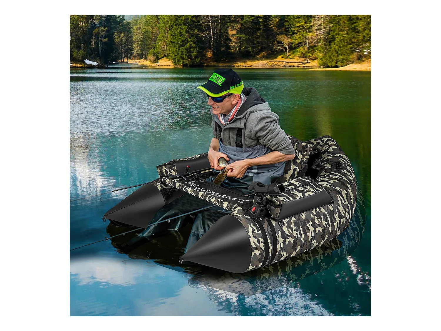 Bateau de Pêche Gonflable avec Dossier Pagaie, Bateau Gonflable avec Règle à Poisson, Rangement Palmes Pompe Sangles de Sac à Dos, Charge 150 KG, Camouflage