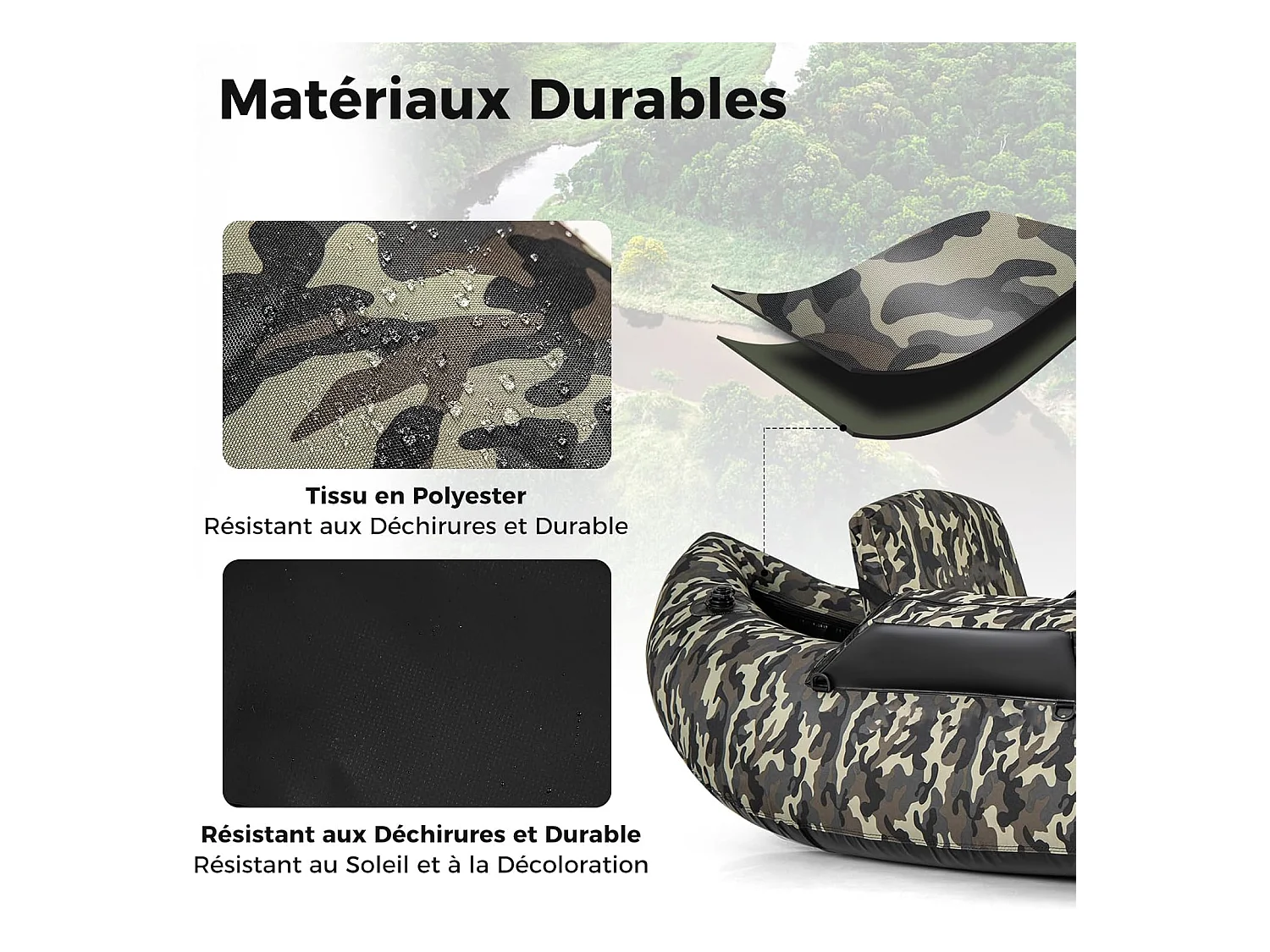 Bateau de Pêche Gonflable avec Dossier Pagaie, Bateau Gonflable avec Règle à Poisson, Rangement Palmes Pompe Sangles de Sac à Dos, Charge 150 KG, Camouflage