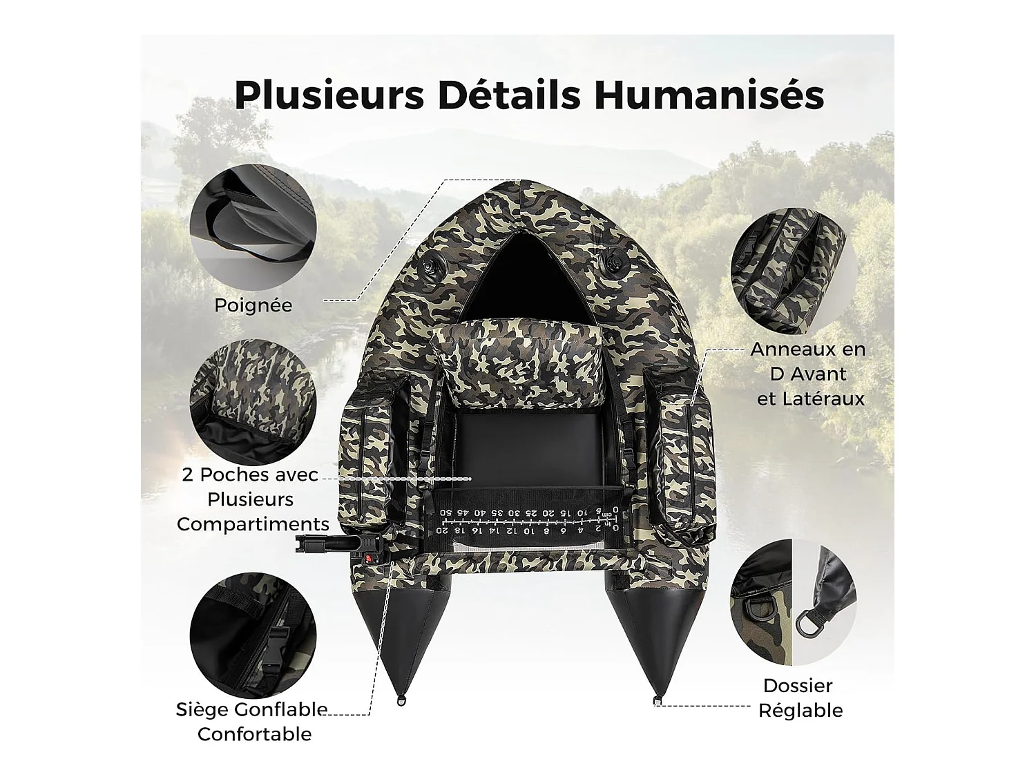 Bateau de Pêche Gonflable avec Dossier Pagaie, Bateau Gonflable avec Règle à Poisson, Rangement Palmes Pompe Sangles de Sac à Dos, Charge 150 KG, Camouflage